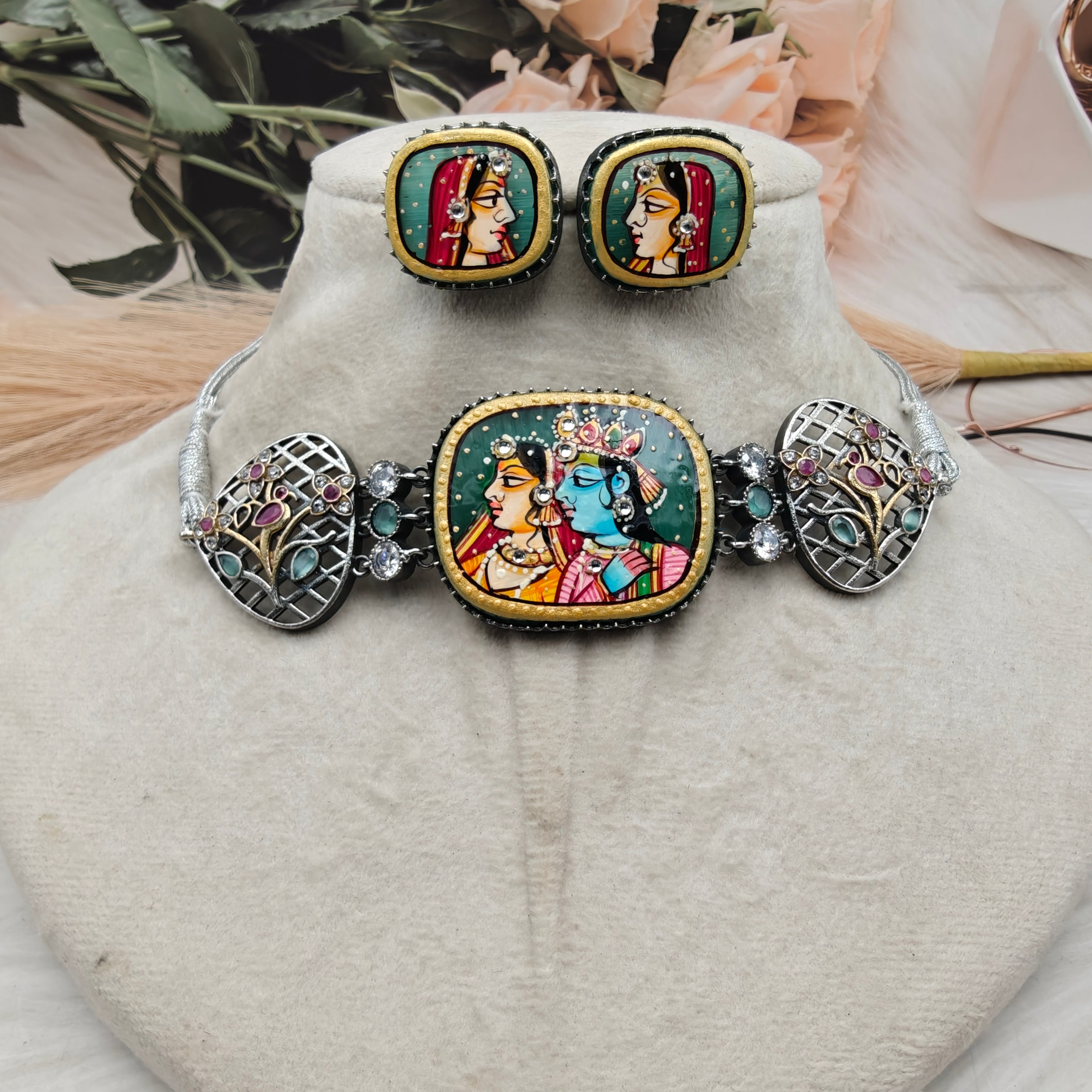 Radha Krishna Tanjore German Silver Choker Set- Mint