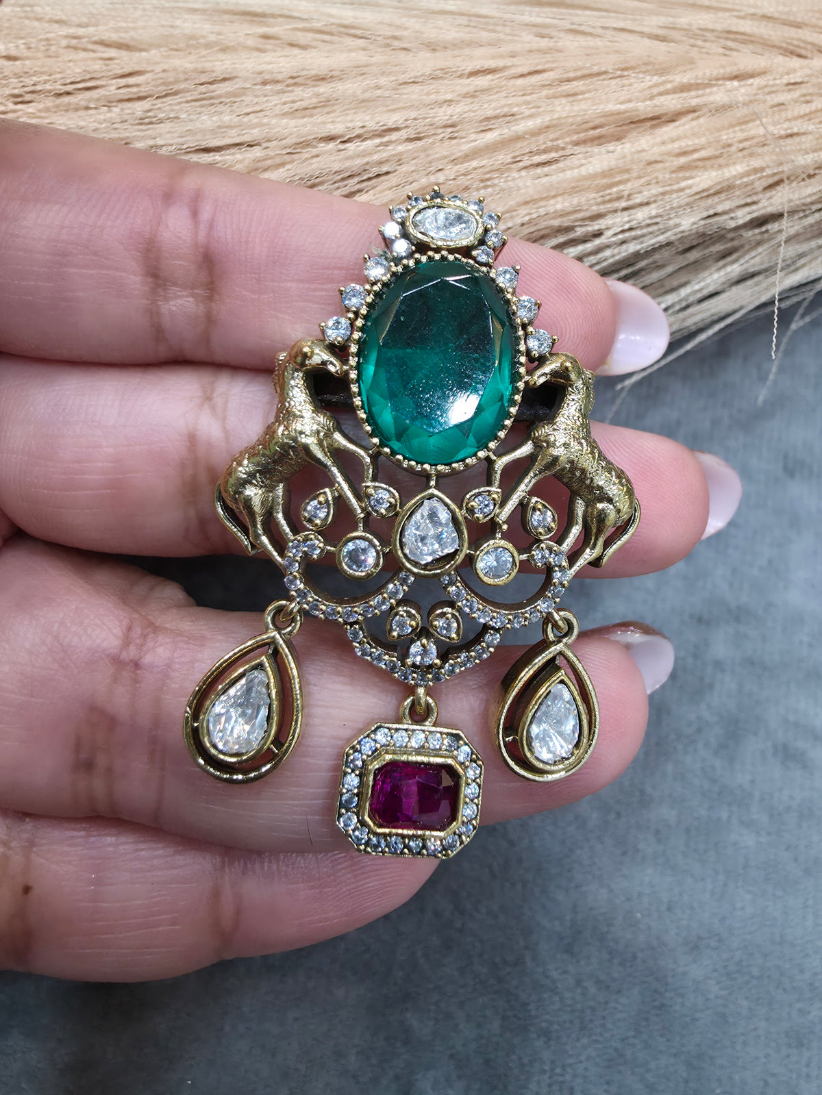 Double Horse Brooch- Green Ruby