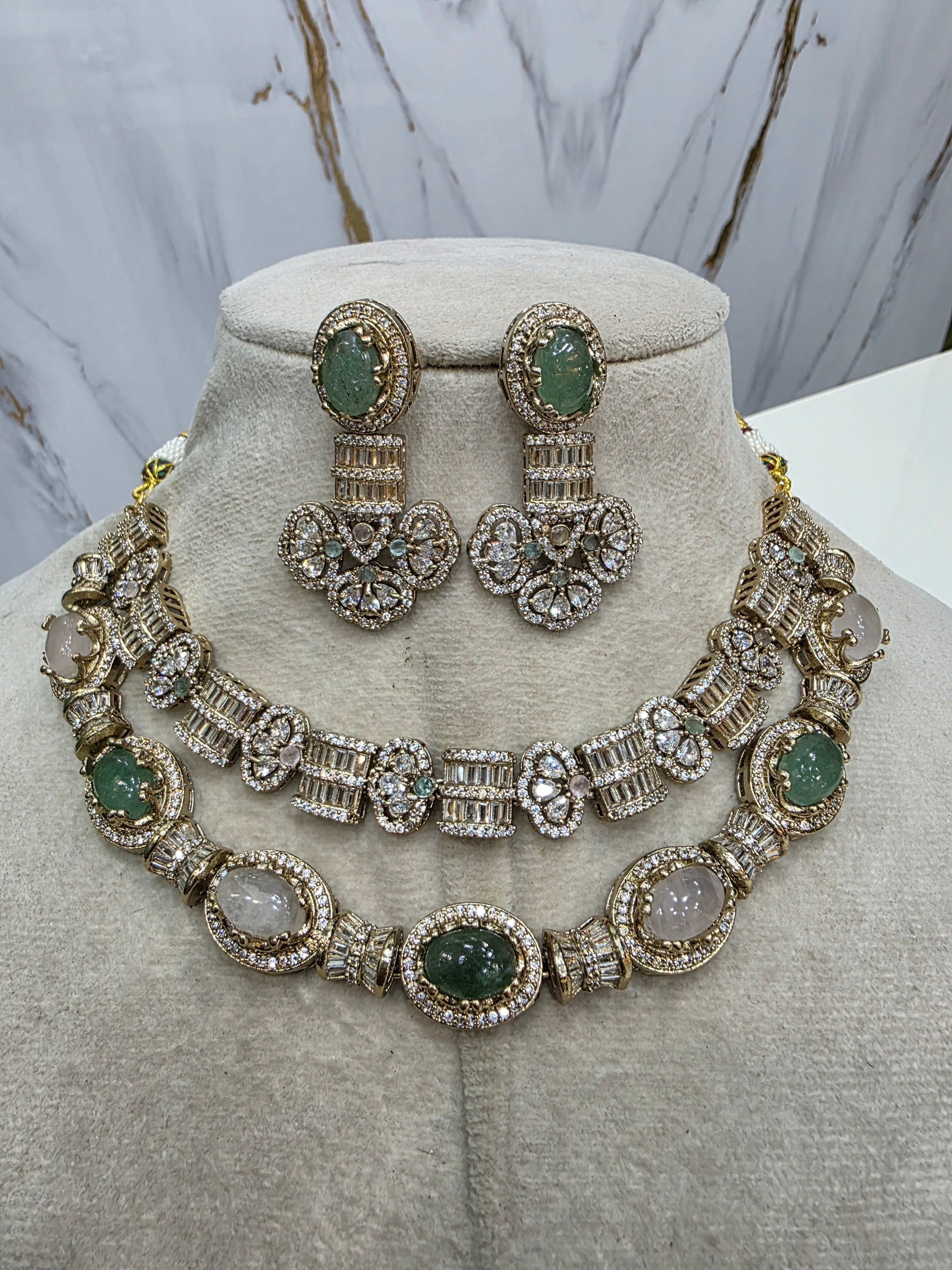 Double Layer Koshu Sabya Inspired Necklace Set- Mint Green and Light Pink