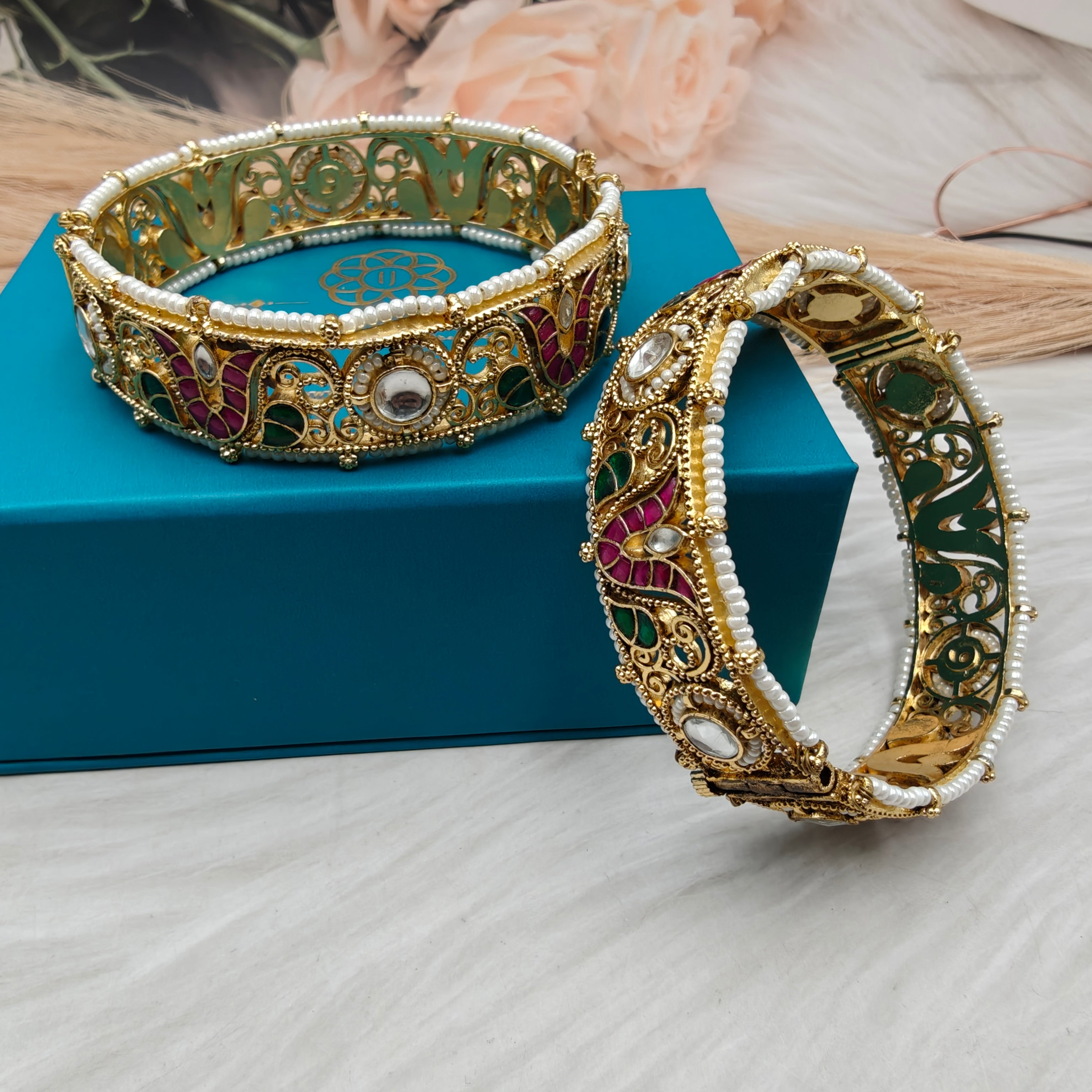 Divya Pachi Kundan Openable Bangles - Ruby Green