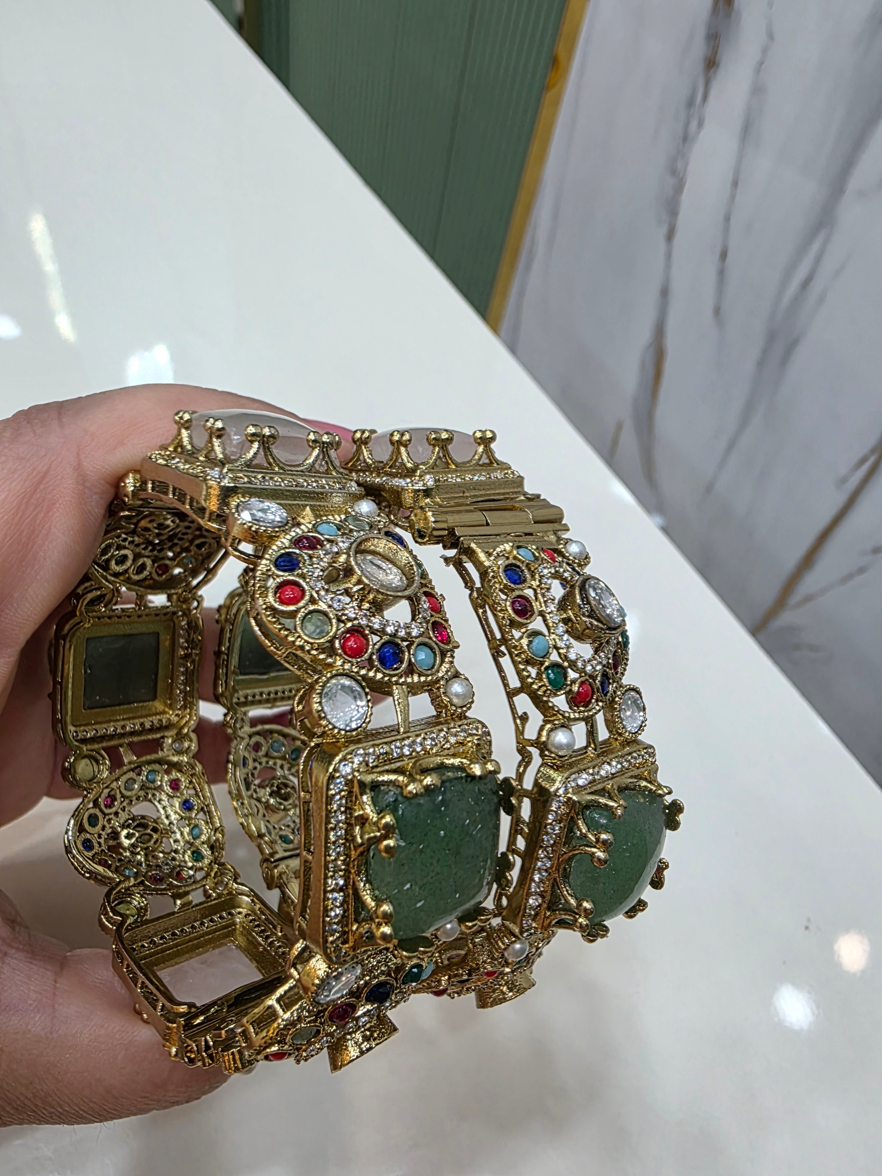 Chavi Sabya Inspired Gemstone Openable Bangles - Mint Pink