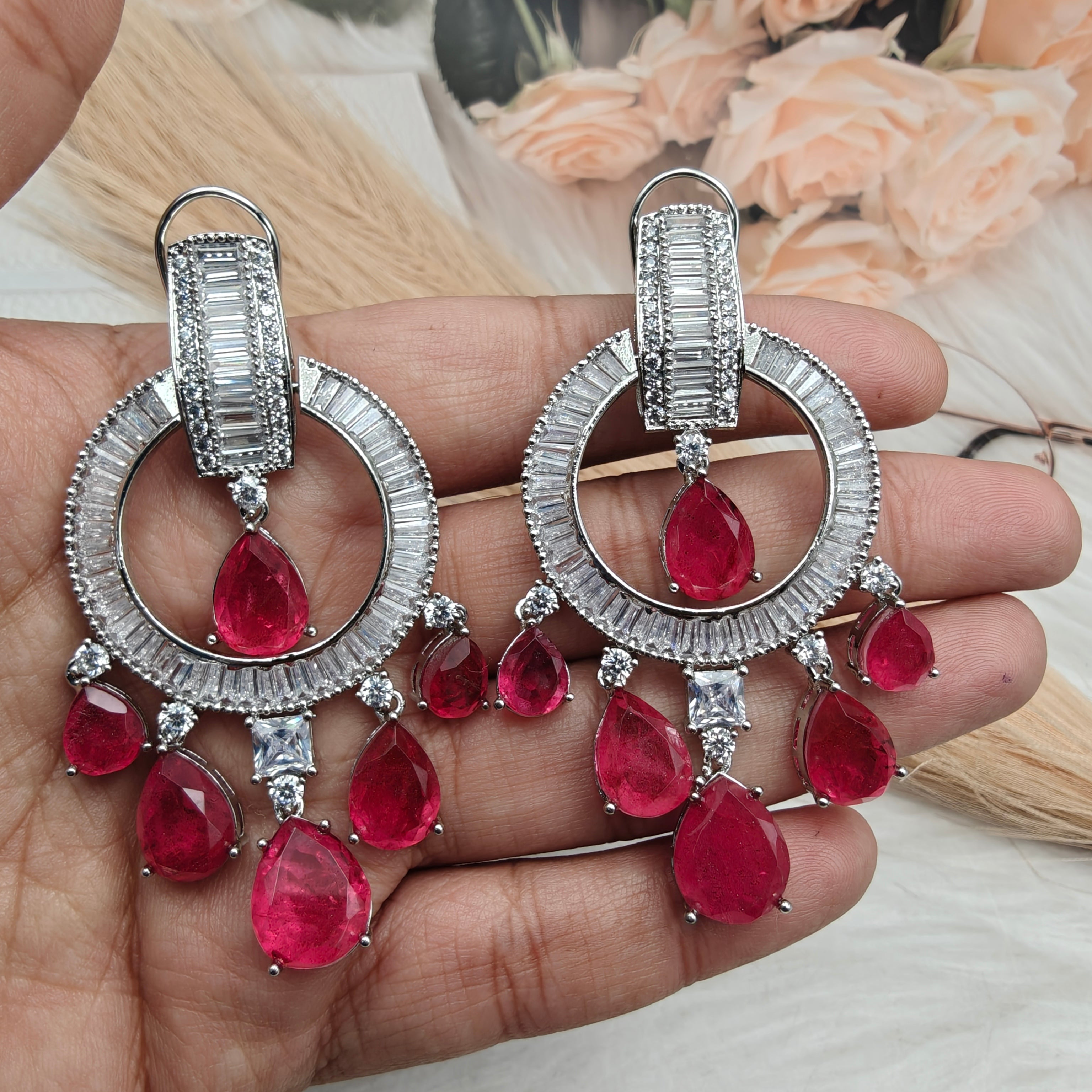 Staily Statement Cocktail Doublet and Baguette Earrings- Ruby