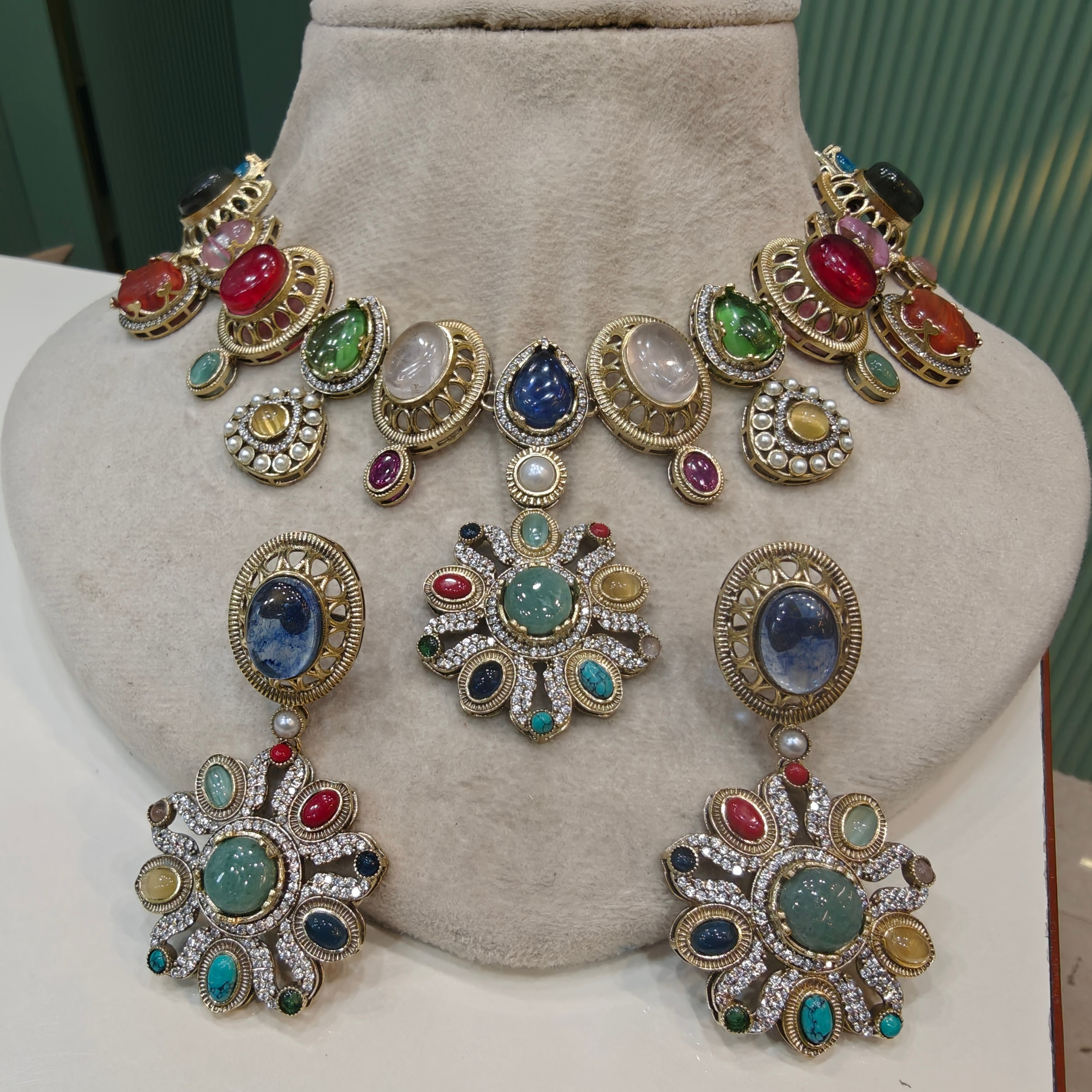 Rubaru Multi Quartz Necklace Set- Mint Multi
