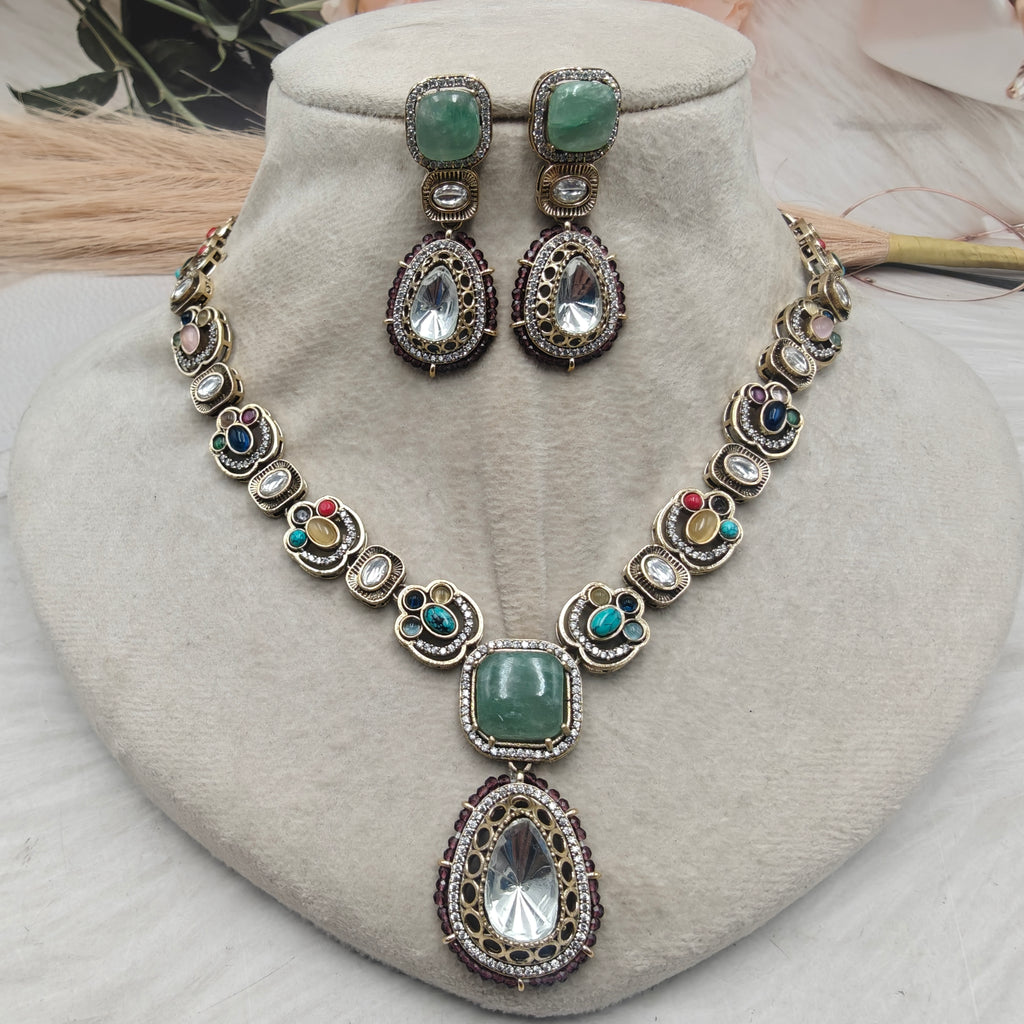 Rushali natural stone Necklace Set- Mint Multi