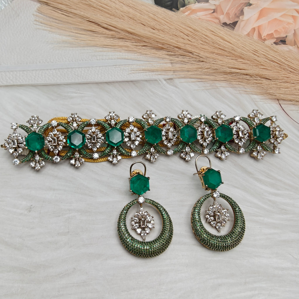 Farida Doublet CZ Statement Choker Set- Green