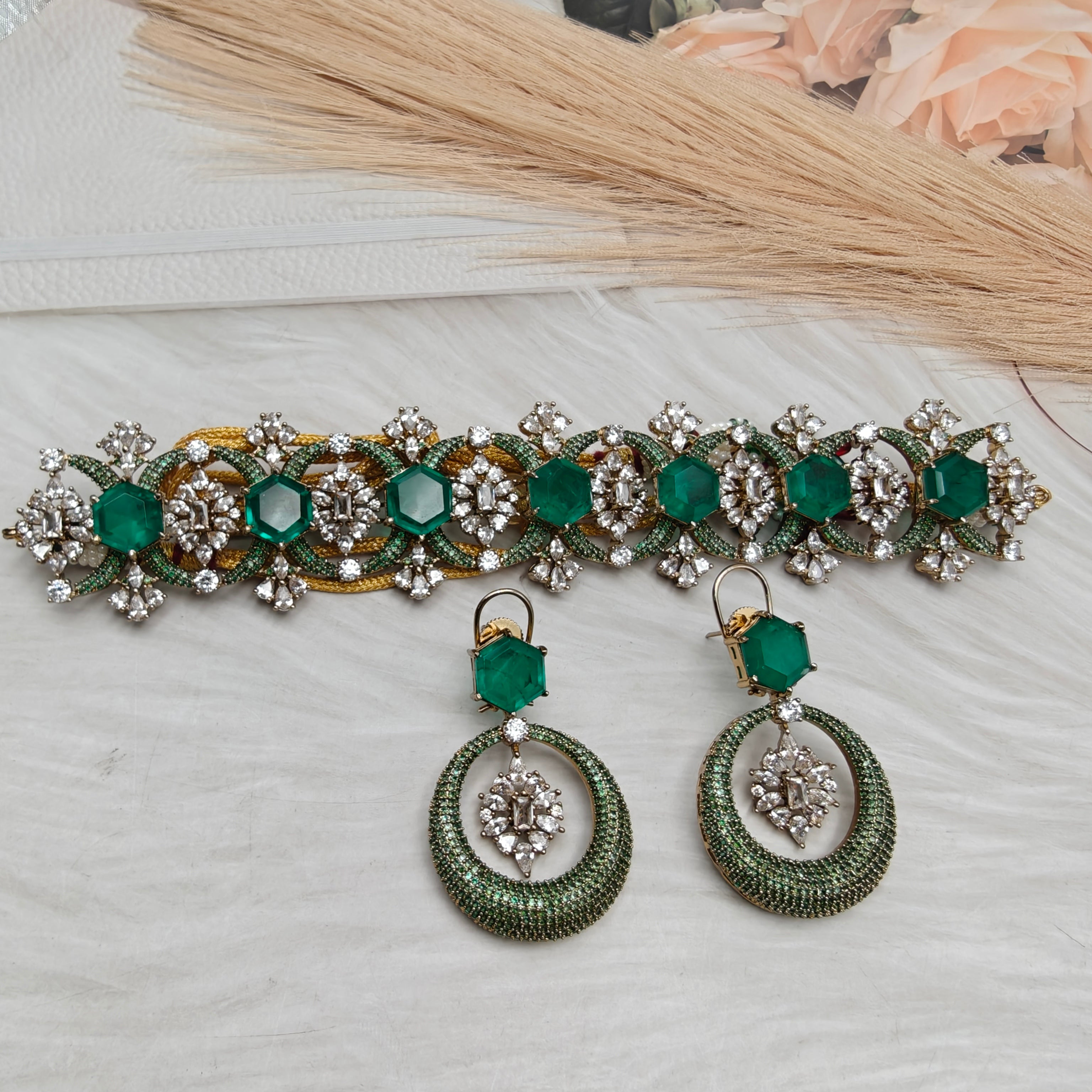 Farida Doublet CZ Statement Choker Set- Green