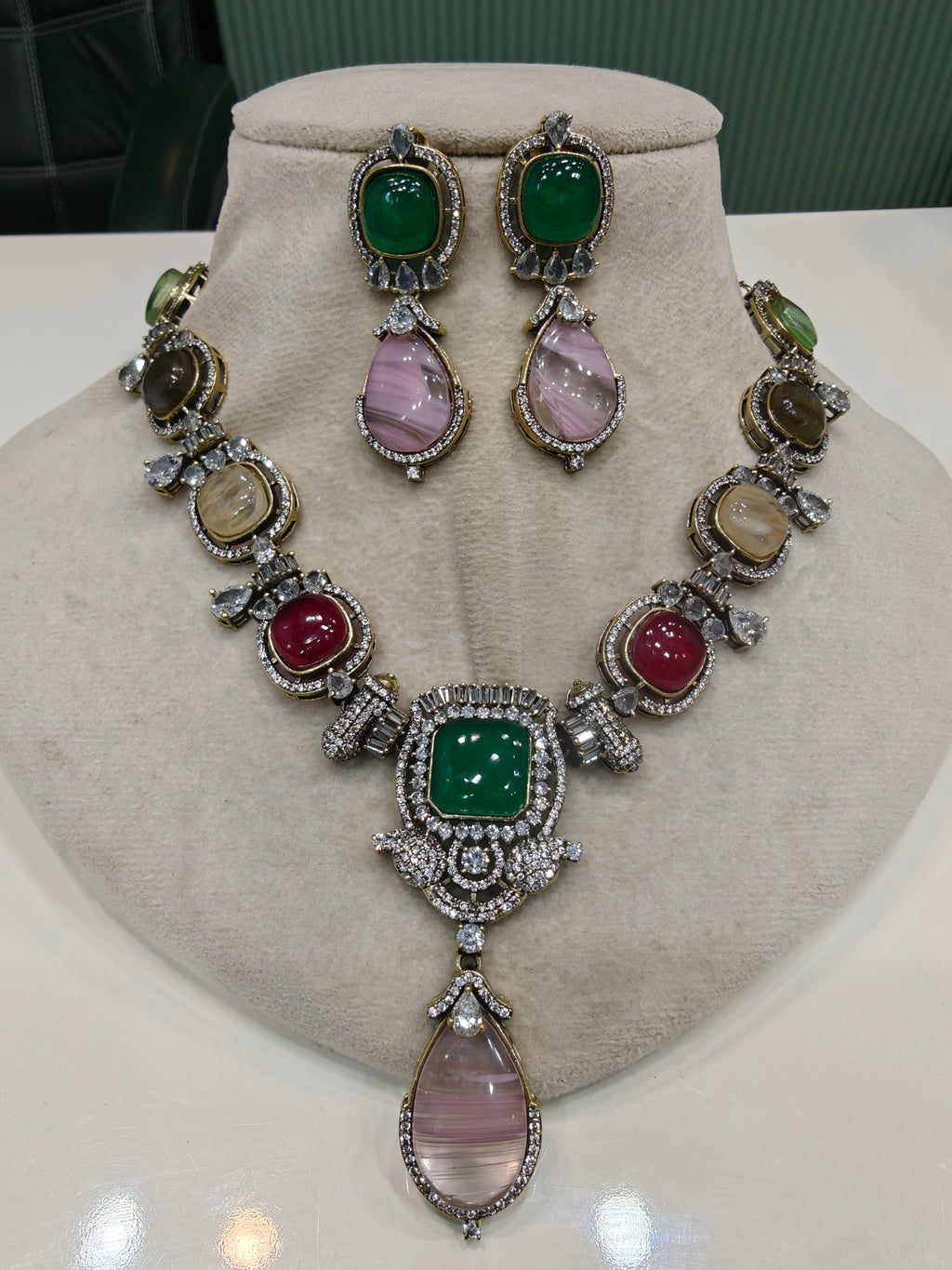 Aasma Sabya Inspired Quartz Doublet Necklace Set- Pink Green Multi