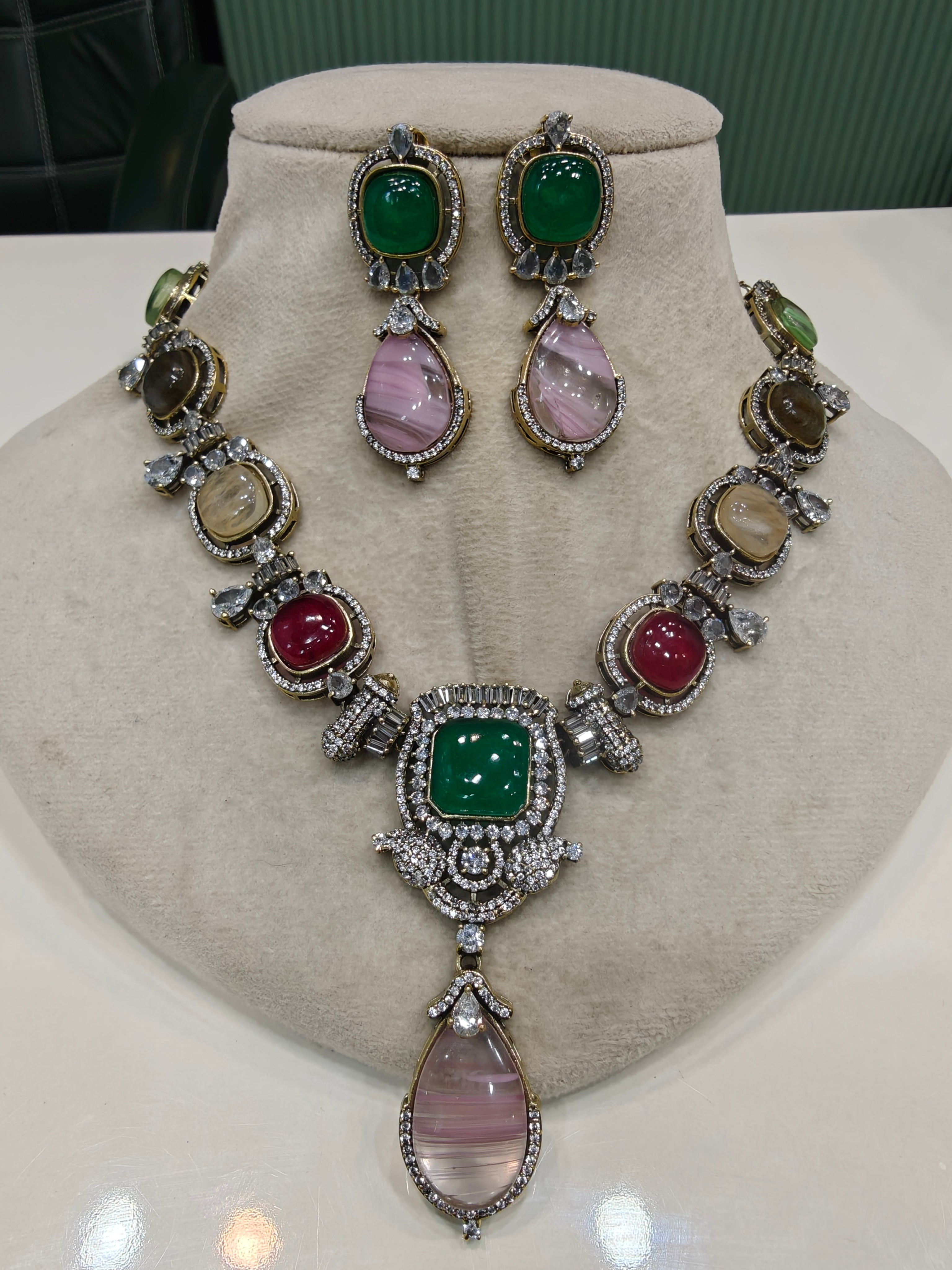 Aasma Sabya Inspired Quartz Doublet Necklace Set- Pink Green Multi