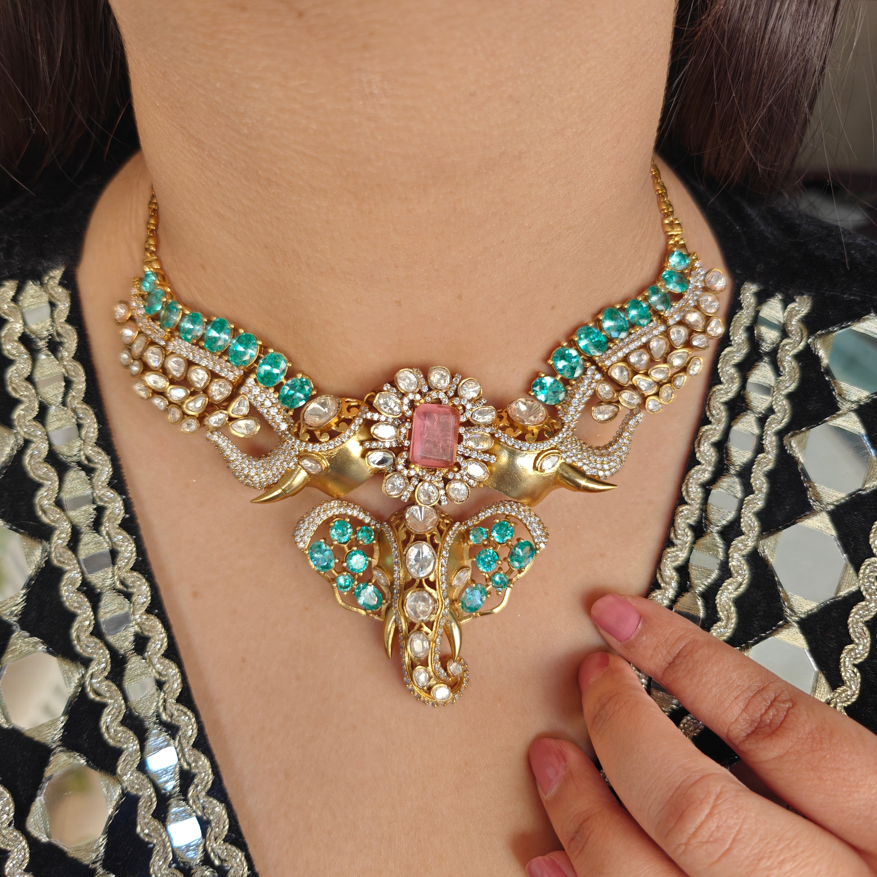 Vighnaharta Luxe Moissanite Necklace Set- Aqua Green n Peach