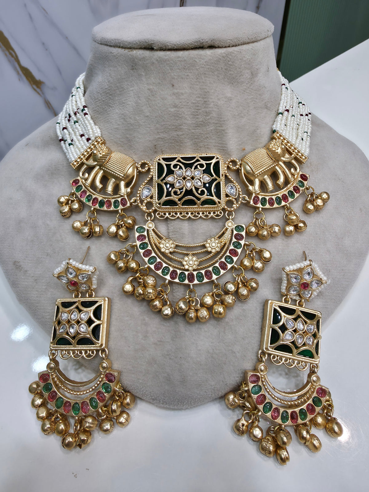 Ayesha Gajja Matte Gold Handcrafted Brass Choker Necklace Set- Green and Ruby Red