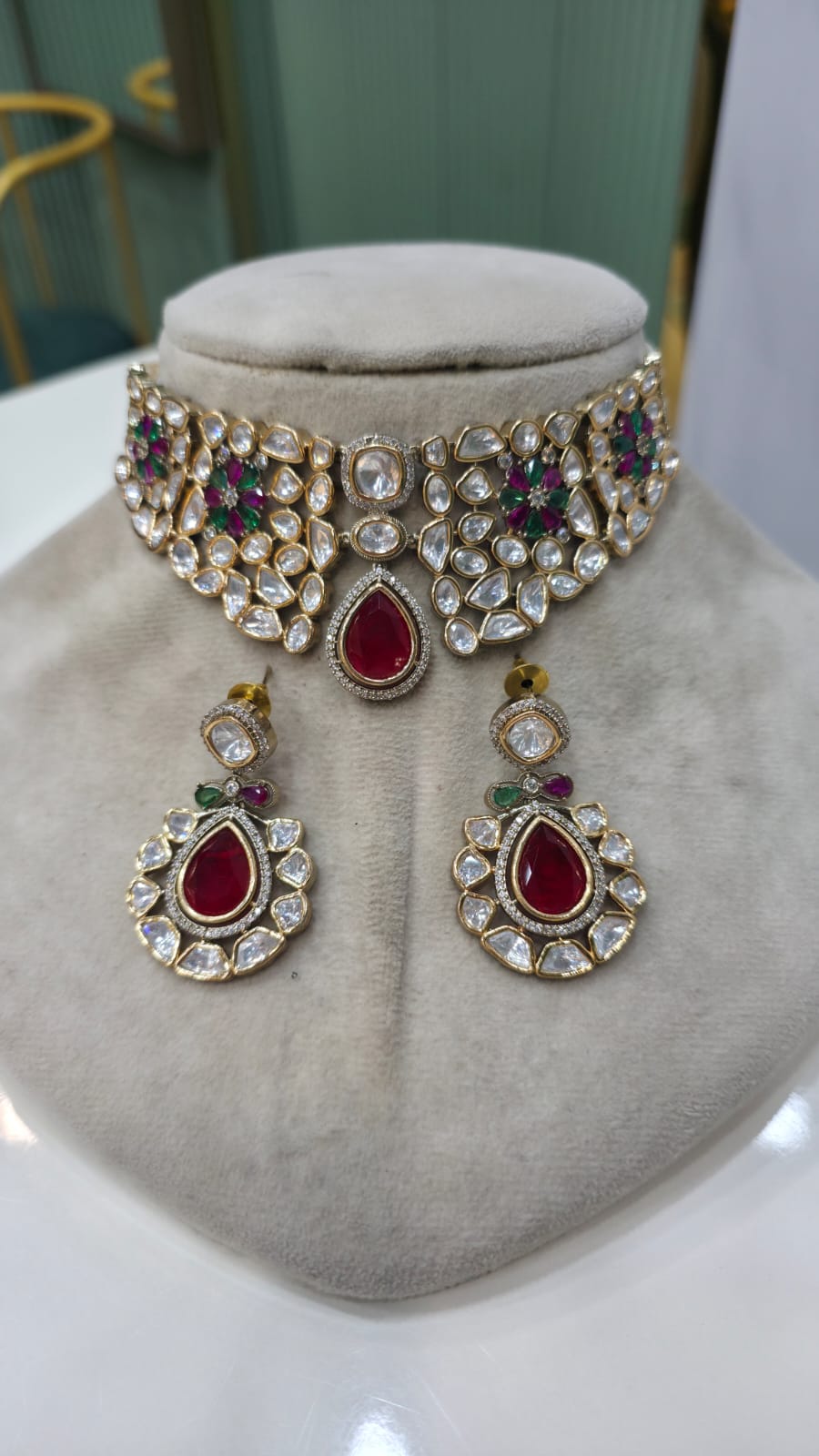 Arifa Polki Kundan Choker Necklace Set- Red Ruby Green