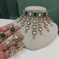 Waterfall Polki Doublet Choker Necklace Set- Green