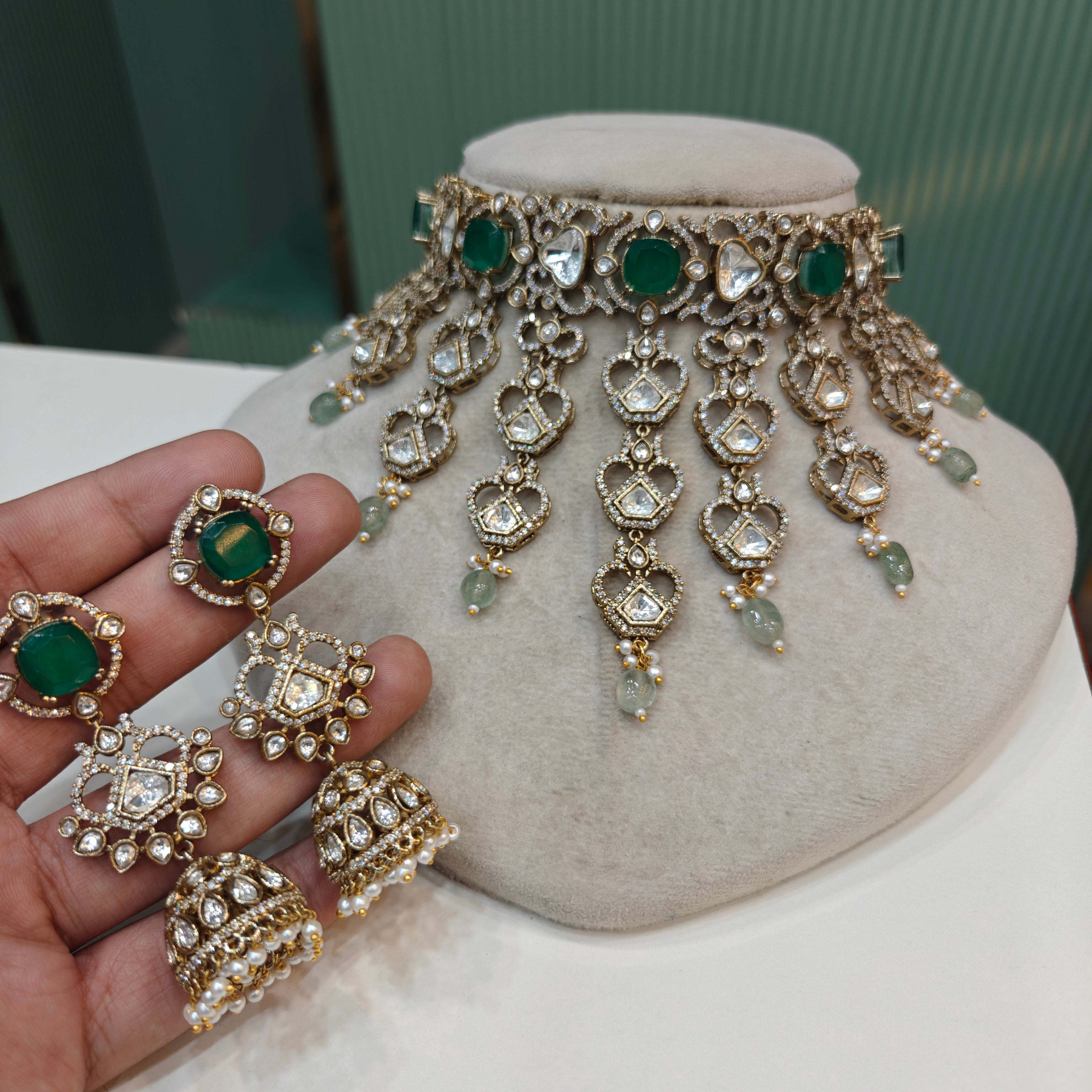 Waterfall Polki Doublet Choker Necklace Set- Green