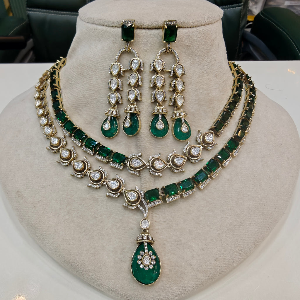 Mehrusa Polki AD Double Layer Necklace Set- Emerald Green