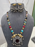 Swati Silver Oxidised Brass Dual tone Necklace Set- Multi