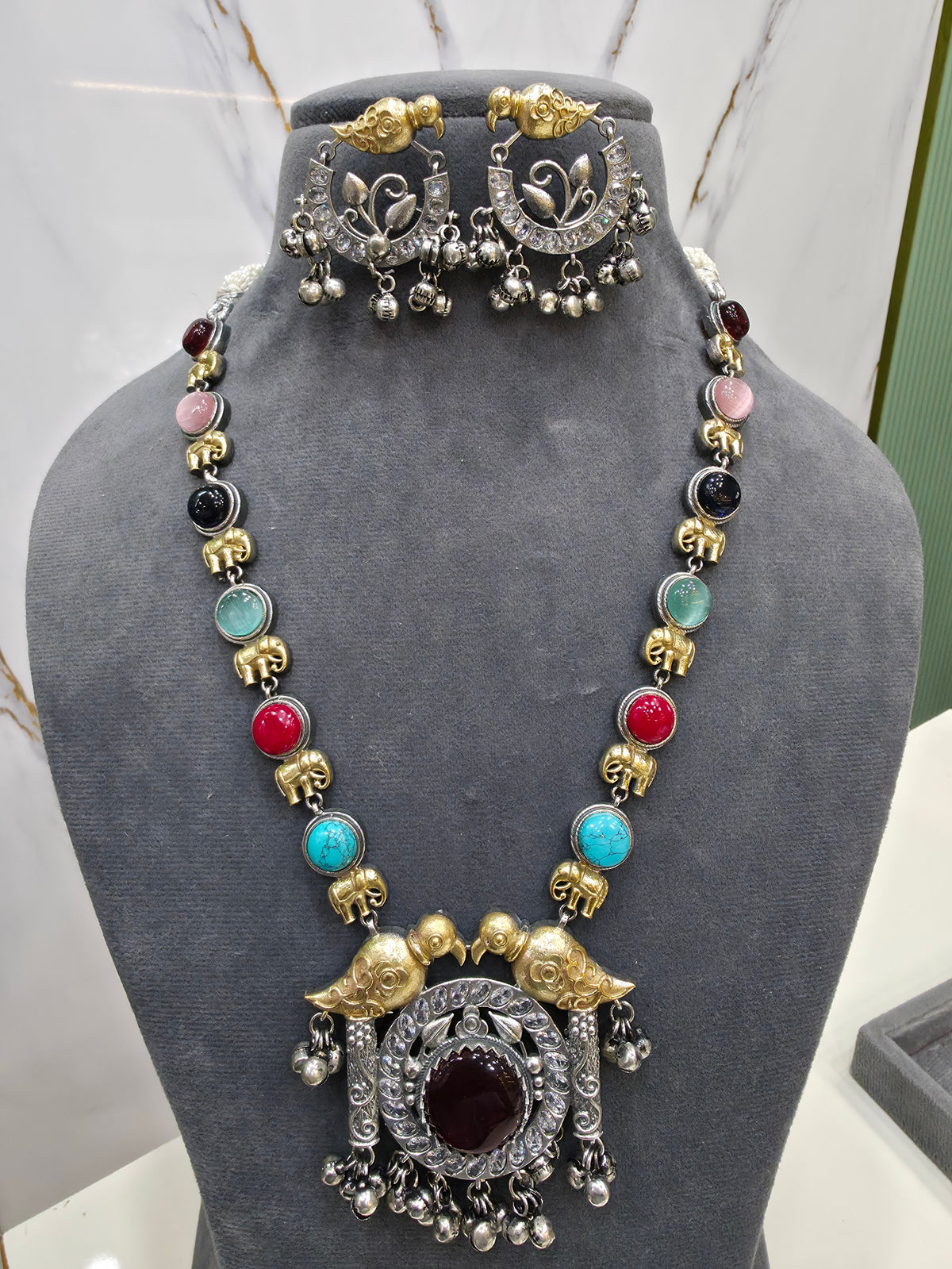 Swati Silver Oxidised Brass Dual tone Necklace Set- Multi