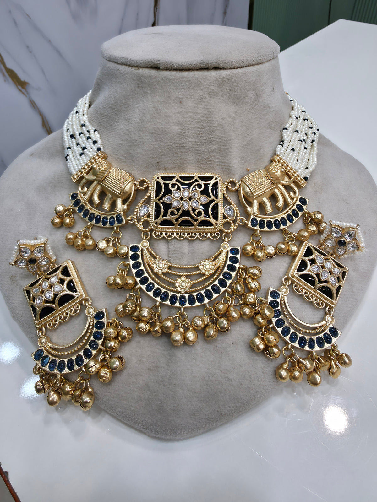 Ayesha Gajja Matte Gold Handcrafted Brass Choker Necklace Set- Blue