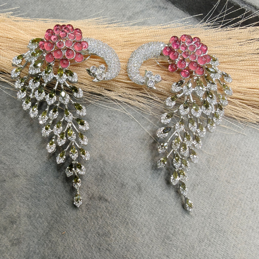 Vantara Peacock Statement Silver Plated Earrings- Rose Pink and Champagne Green