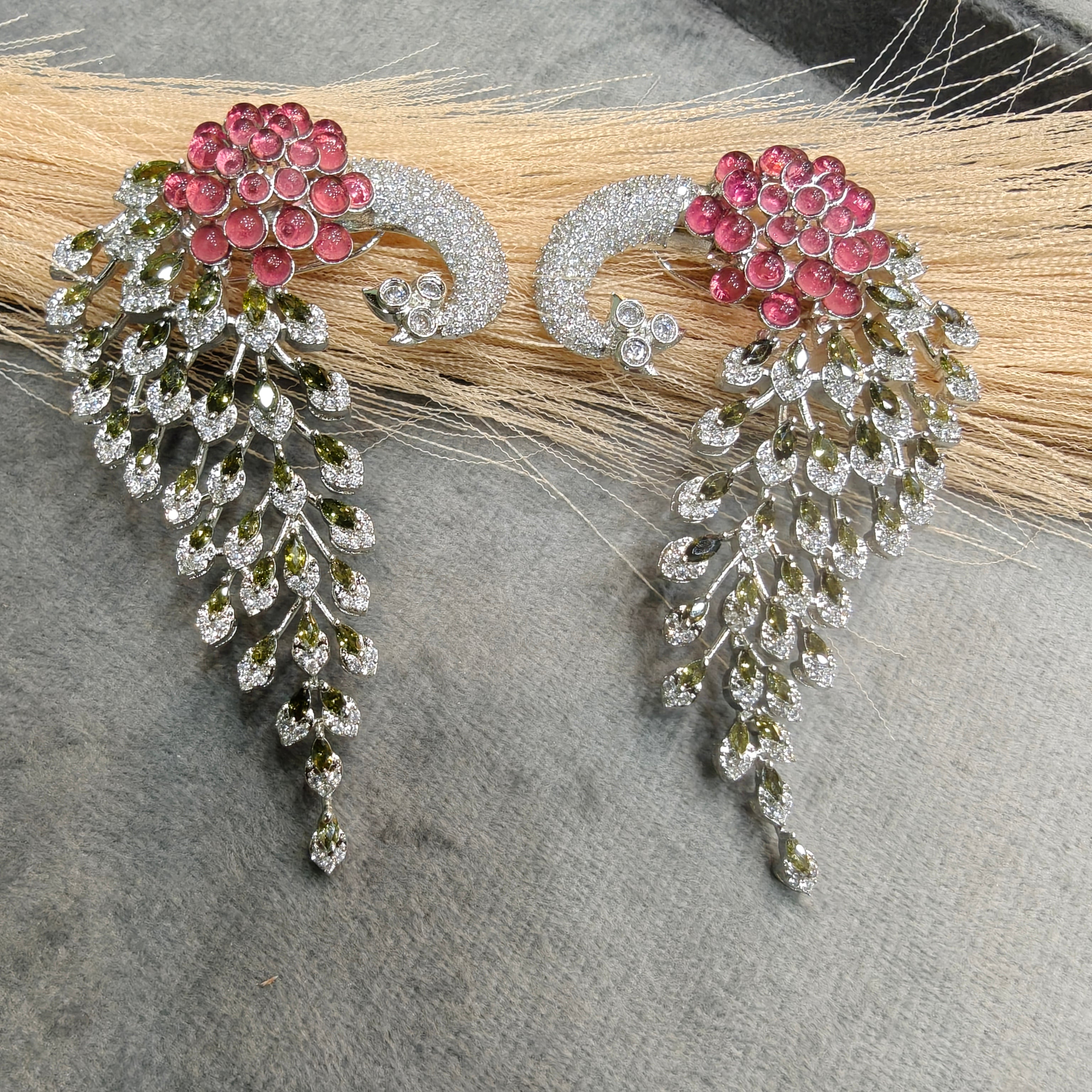 Vantara Peacock Statement Silver Plated Earrings- Rose Pink and Champagne Green