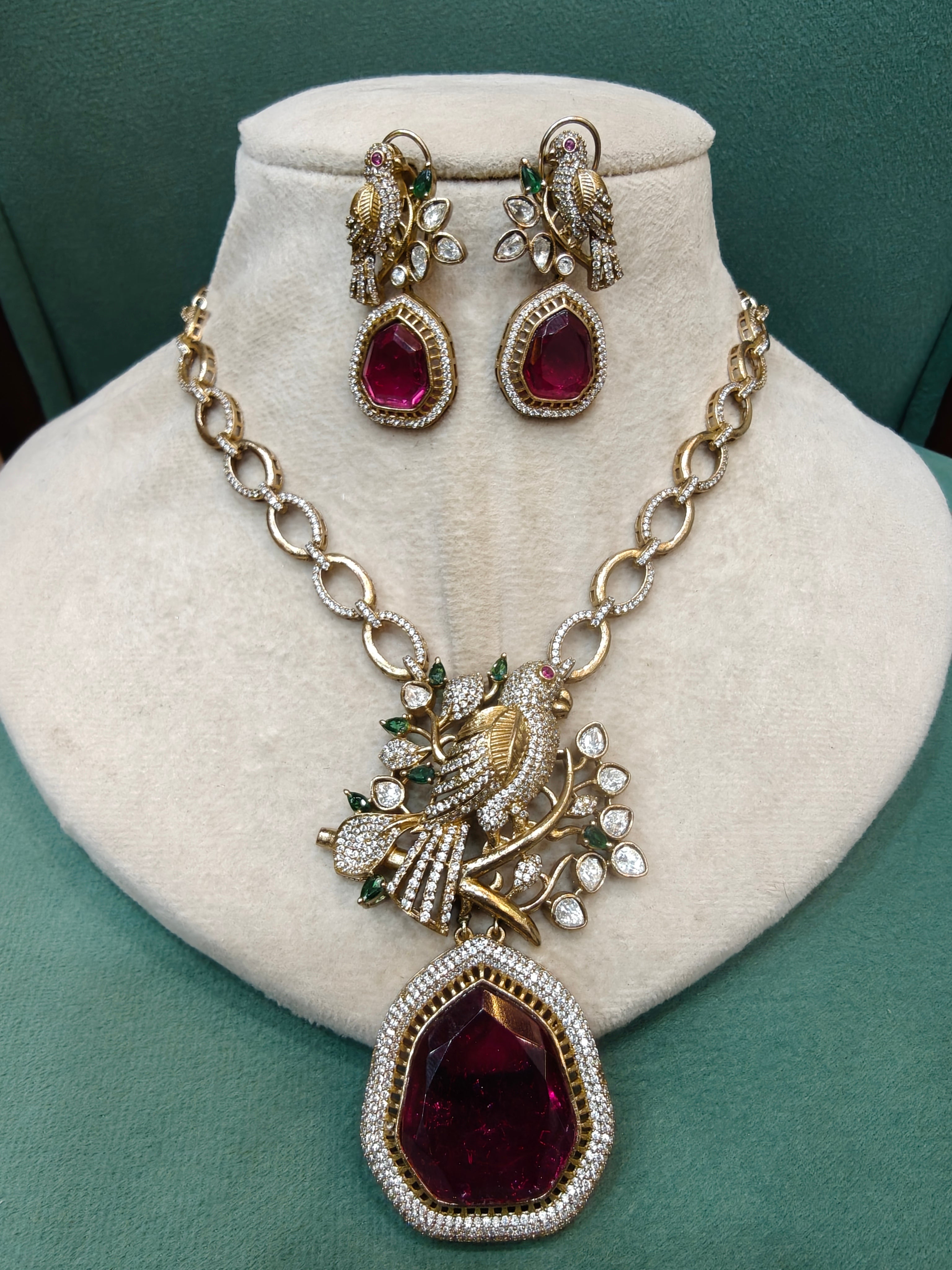 Vantara Bird Doublet Pendant Style Necklace Set- Rani Pink
