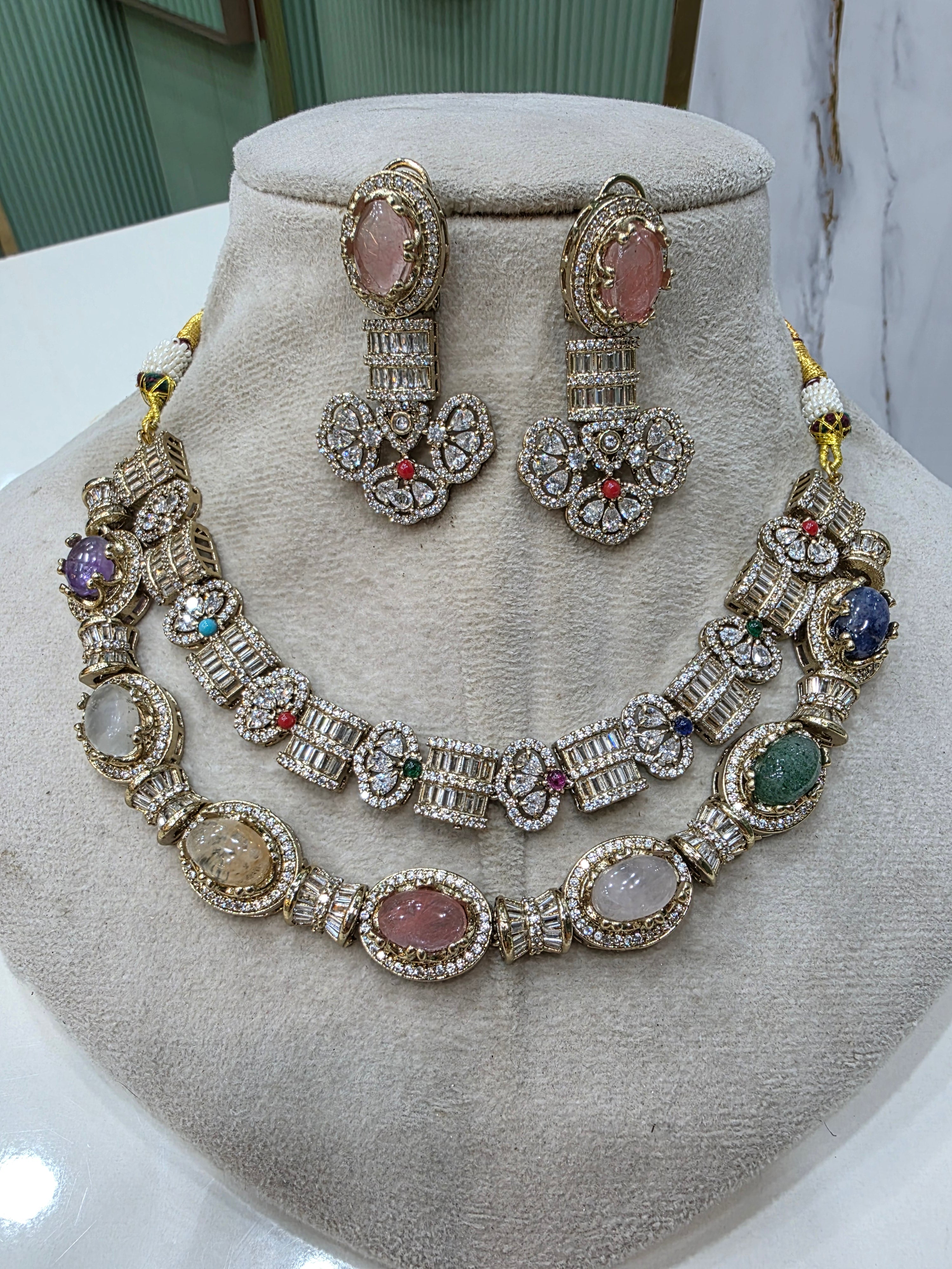 Double Layer Koshu Sabya Inspired Necklace Set- Multi