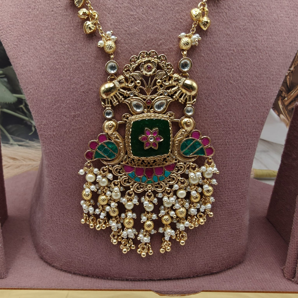 Pachi Kundan Surmayi Heritage Necklace Set - Green Ruby