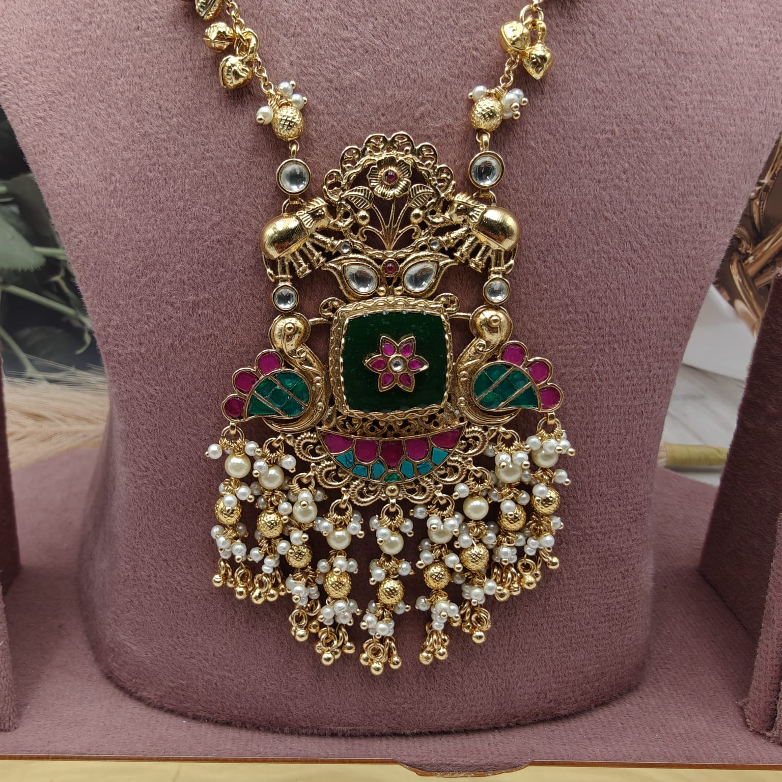 Pachi Kundan Surmayi Heritage Necklace Set - Green Ruby