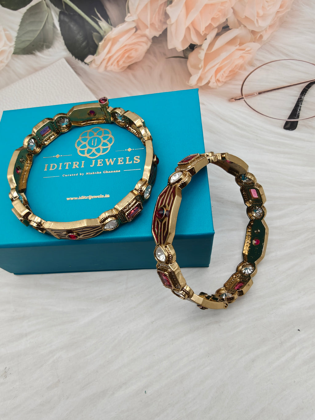 Sargam Enamel and Moissanite Openable Bangles- Maroon/Ruby