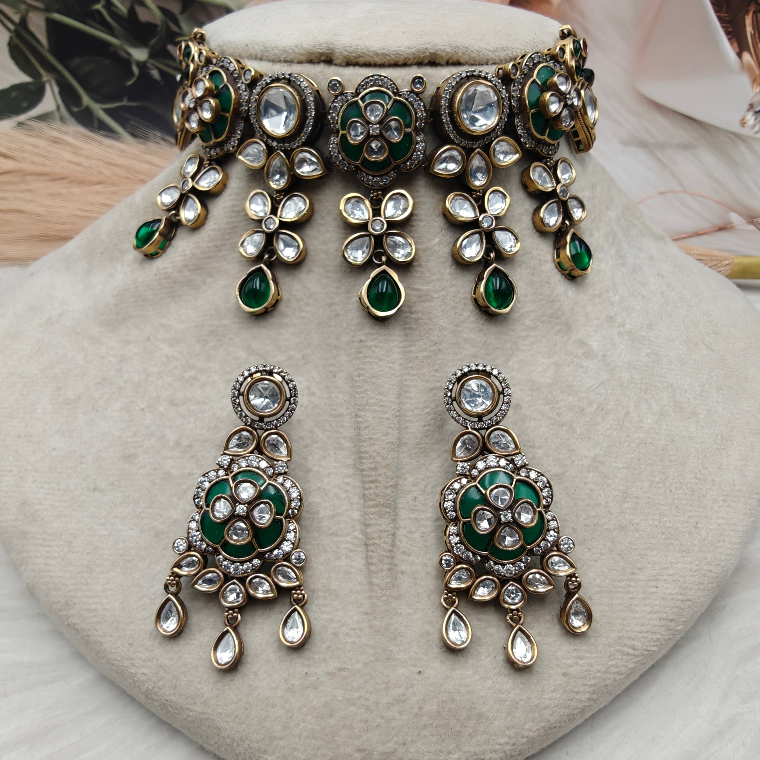 Diksha Takker Stone Polki Choker Set- Green