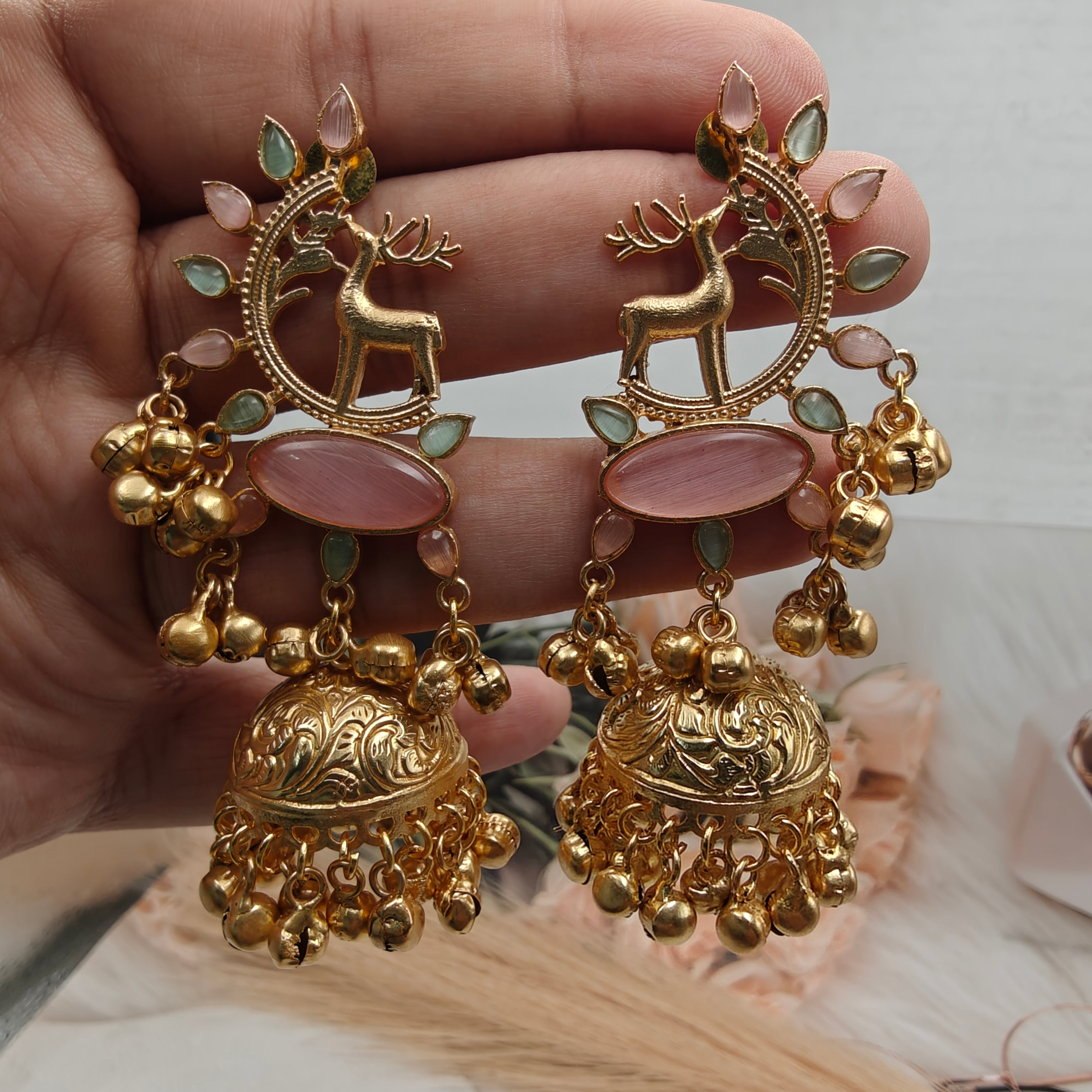 Mrig Brass Fusion Jhumka- Pink n Mint