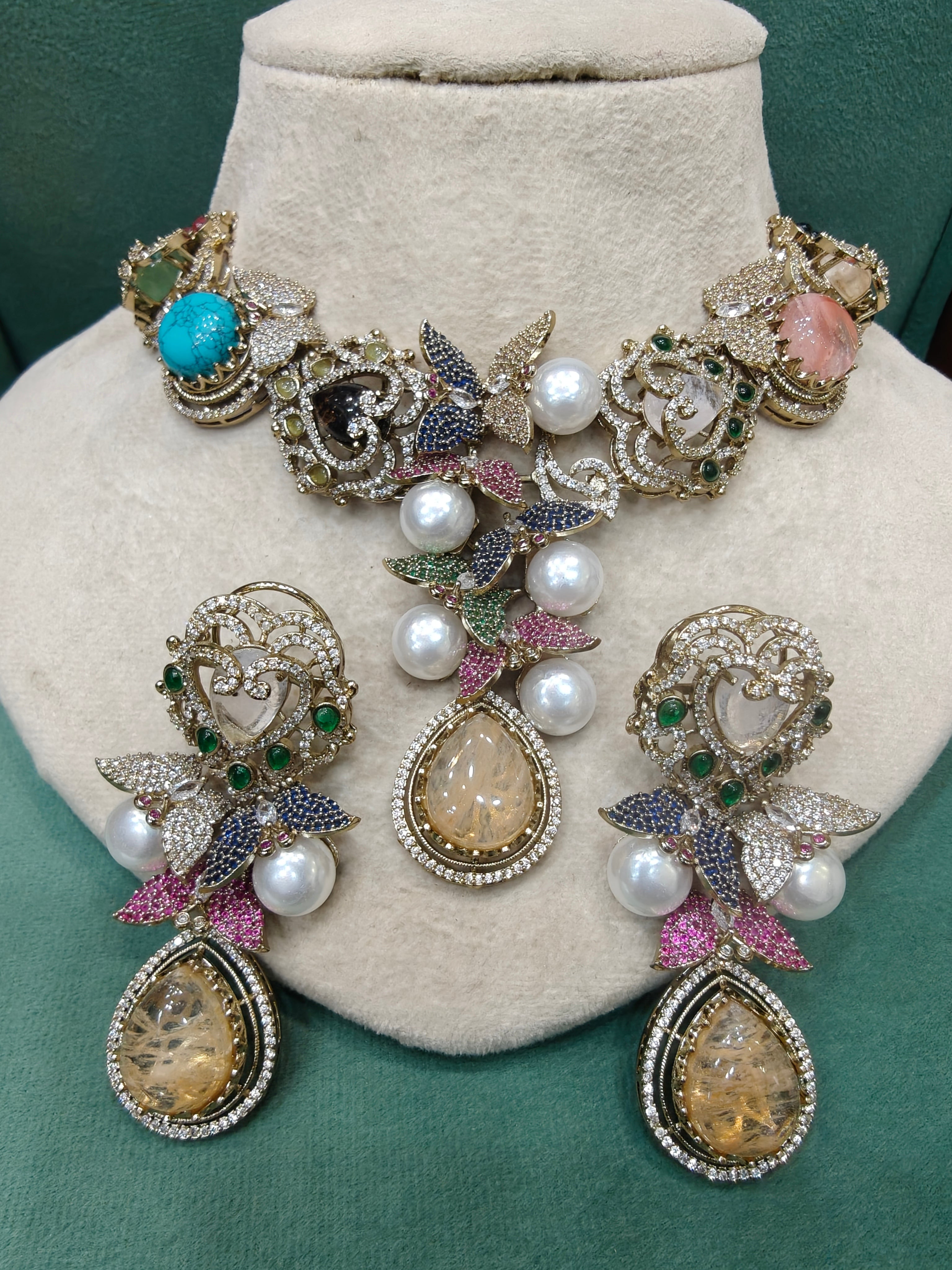 Genelia Sabya Inspired Premium Gemstone and Pearls Statement Necklace Set-Fawn Yellow Multi