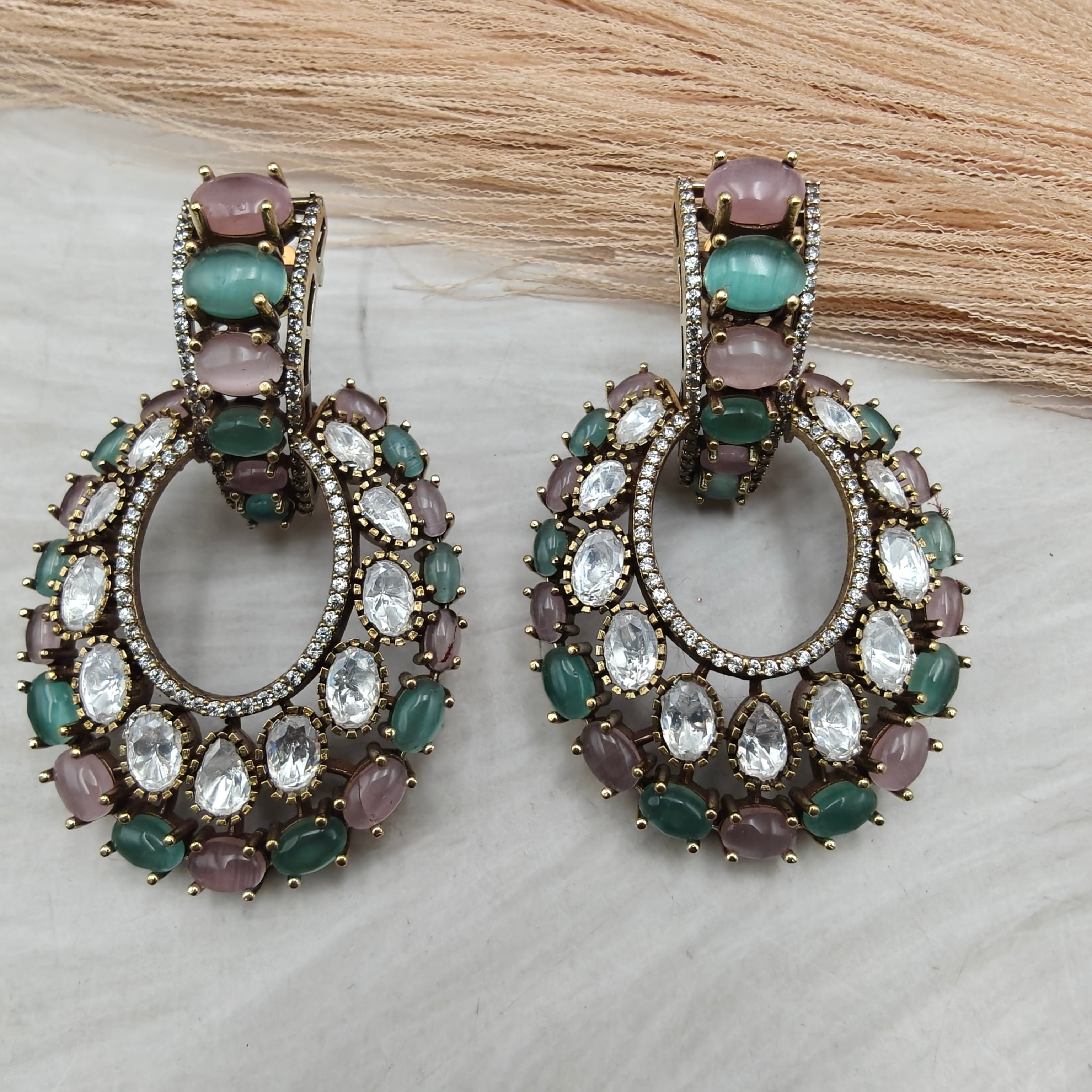Simran Pota Stone and Uncut Polki Earrings- Pink Mint