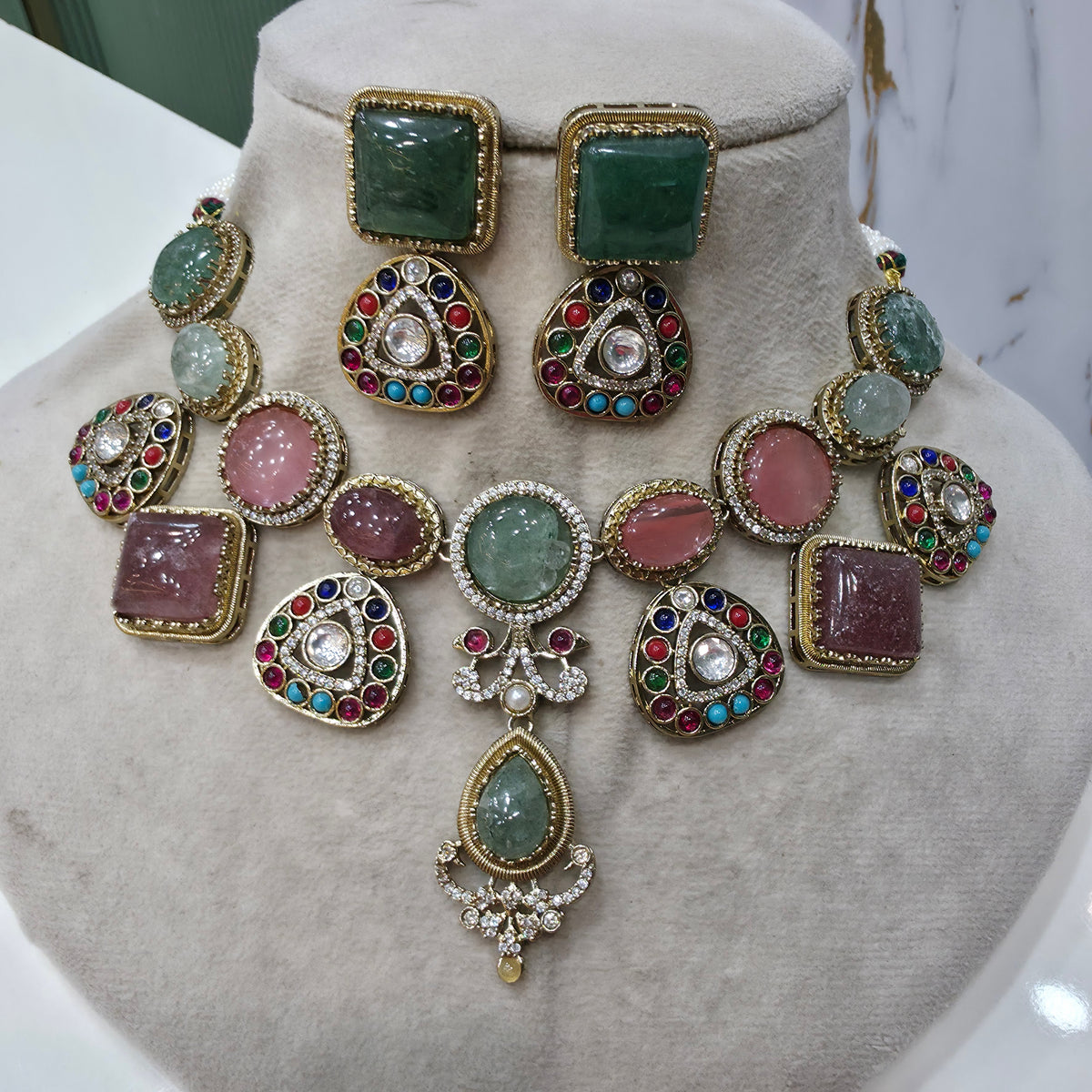 Juhi Sabya Inspired Natural Stone Necklace Set- Green Coral