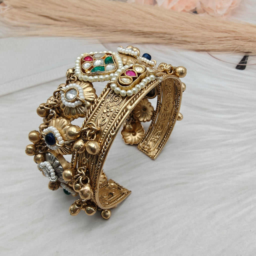 Veda Brass Pachi Kundan Fusion Handcuff- Blue Multi