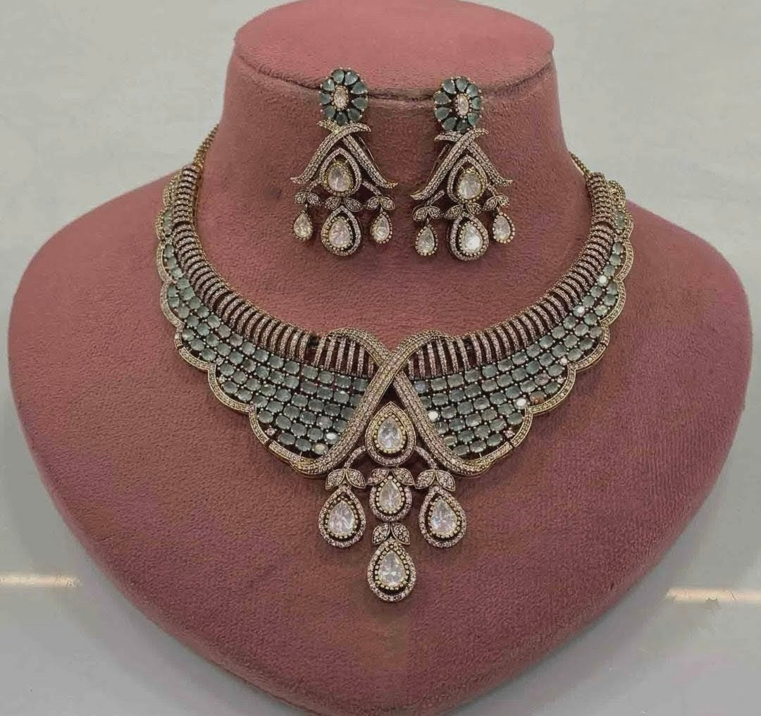 Samara Moissanite Polki Necklace Set- Sea Green