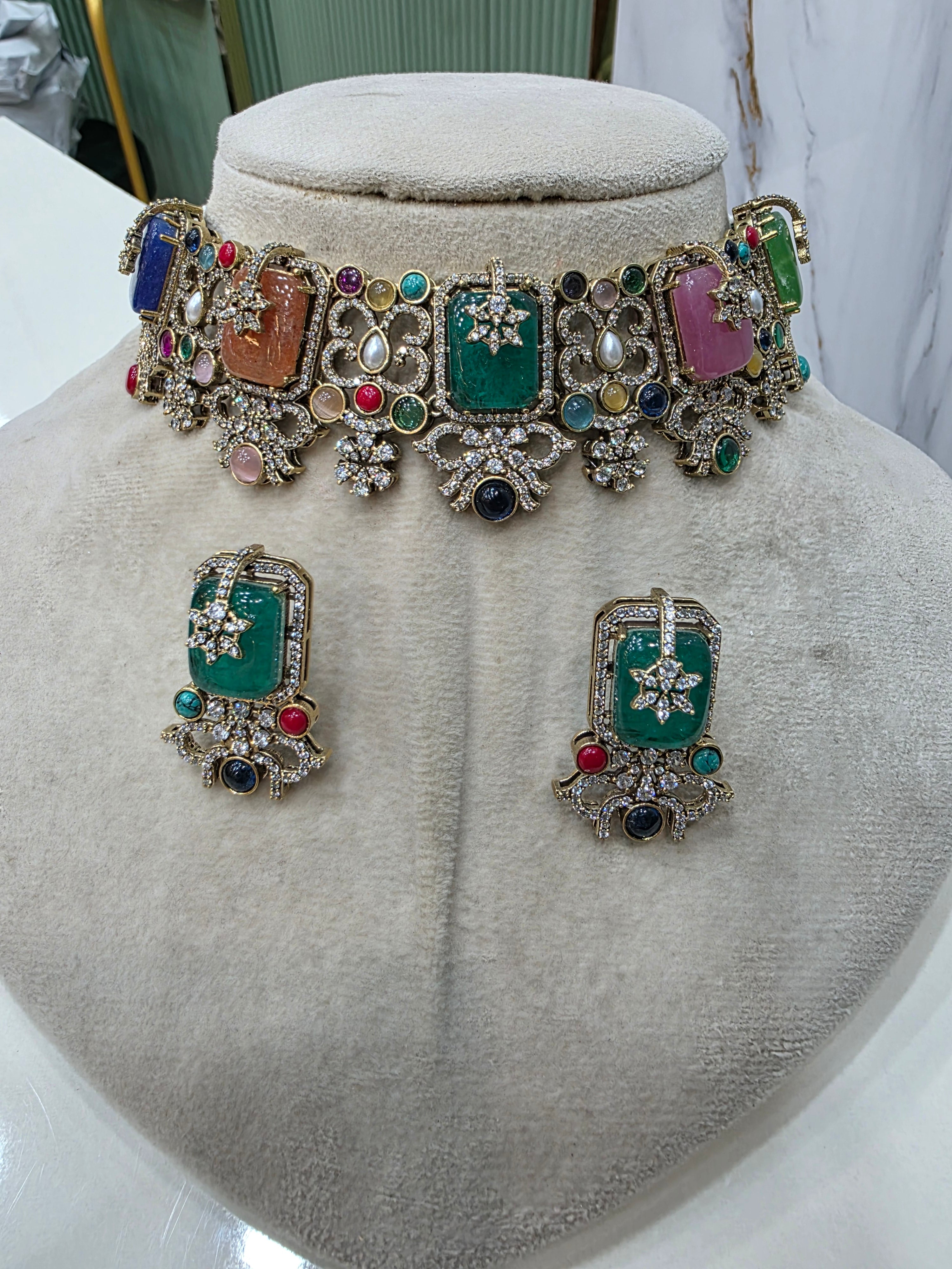Sheetal Sabya Inspirer Quartz Doublet Choker Set- Green Multi