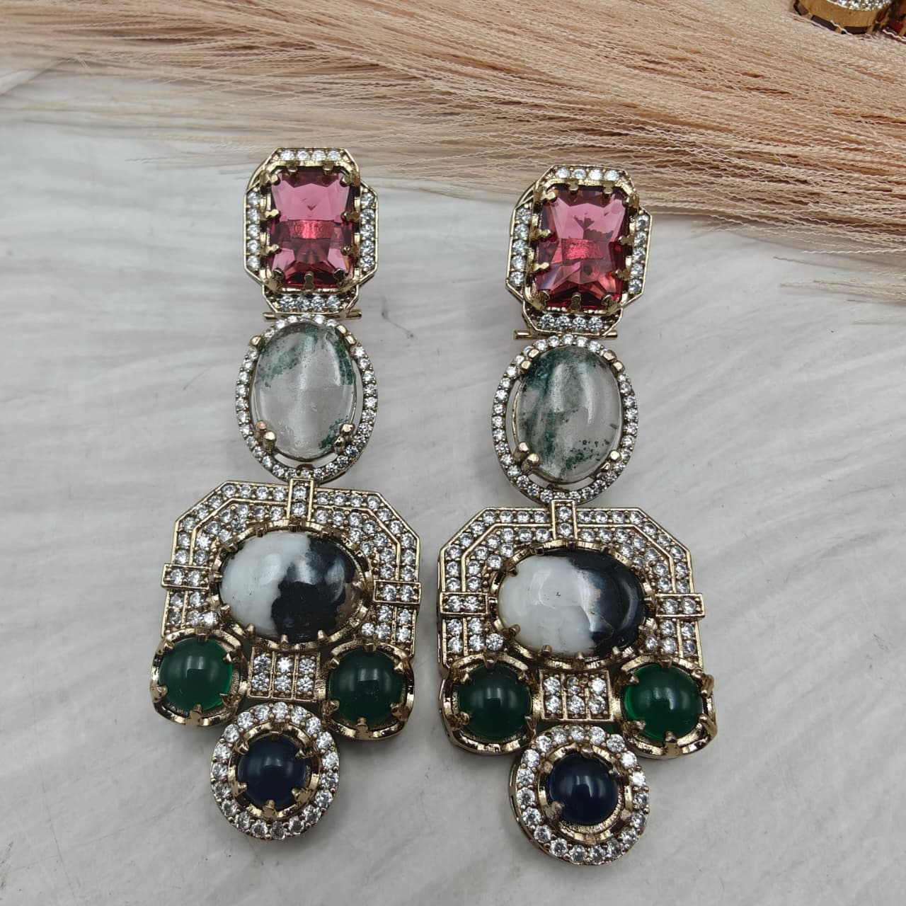 Sabyasachi Inspired Gemstone Meeraya Statement Earrings-White black Multi