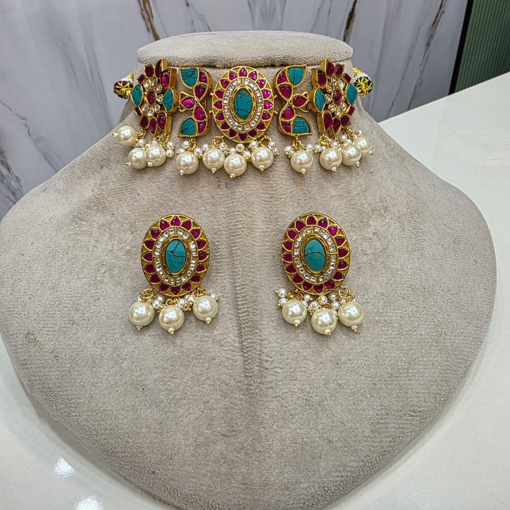Aparna Jadau Kundan Heritage Choker Set- Turquoise and Ruby