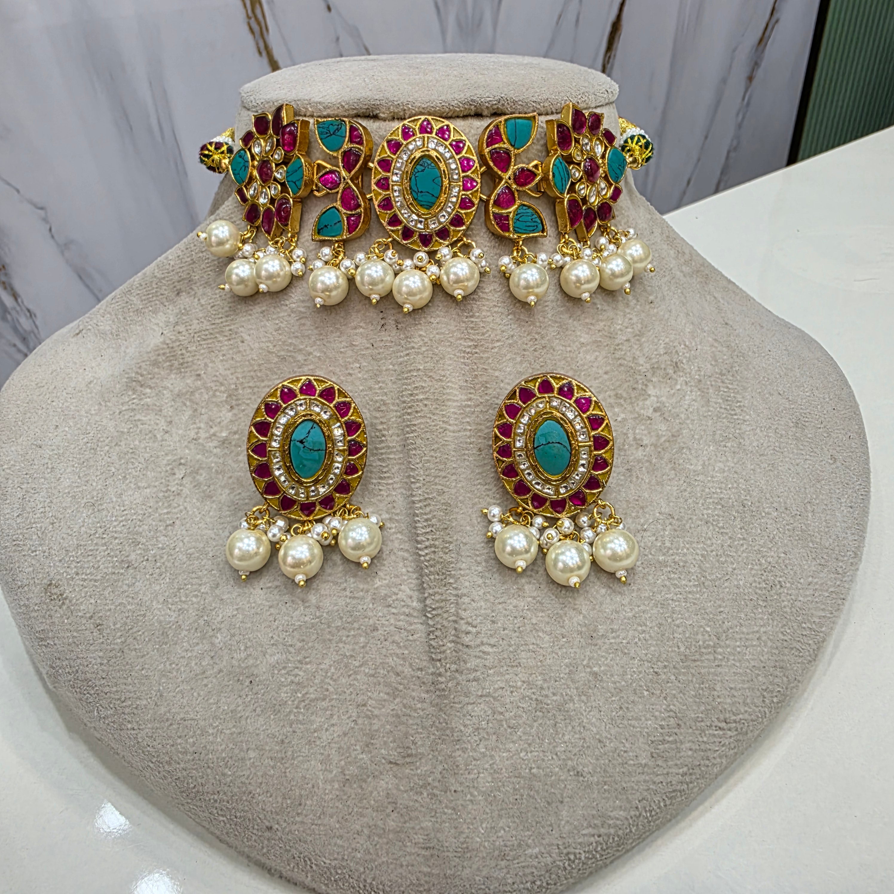 Aparna Jadau Kundan Heritage Choker Set- Turquoise and Ruby