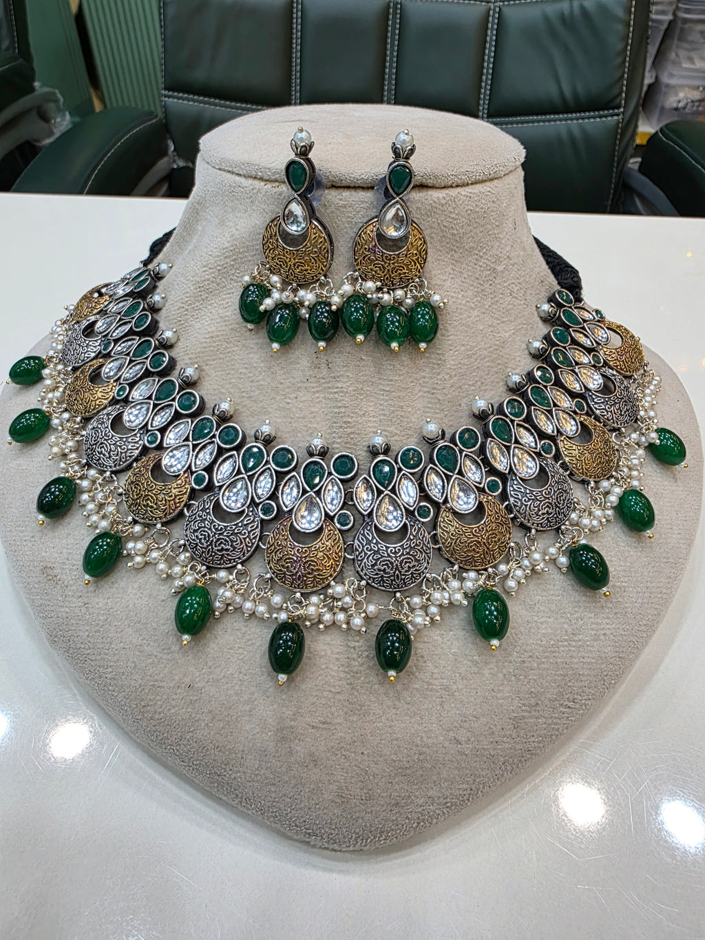 Diksha Silver Oxidised Brass Necklace Set- Green