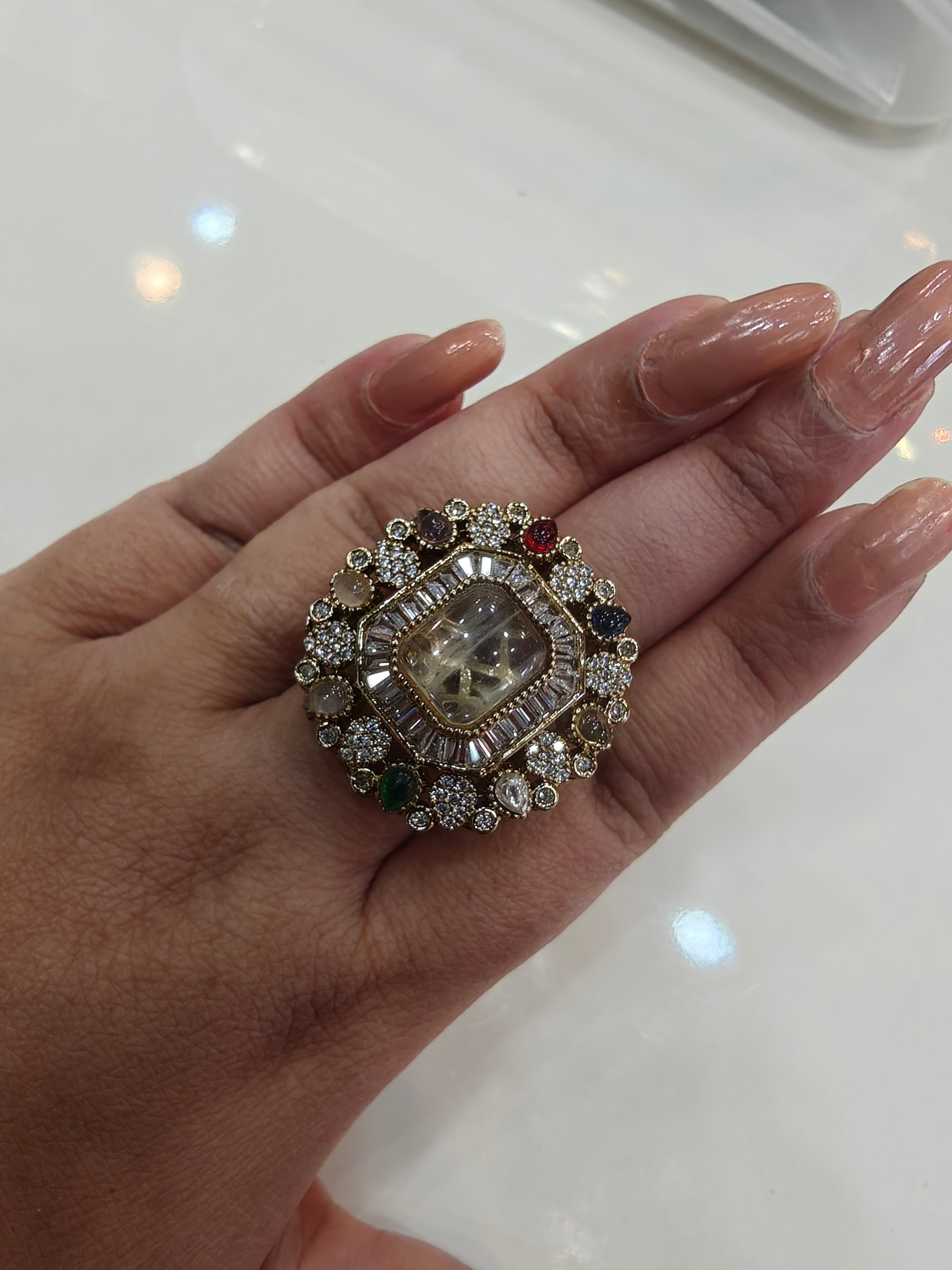 Archana Sabya Inspired Gemstone Adjustable Ring- White Multi