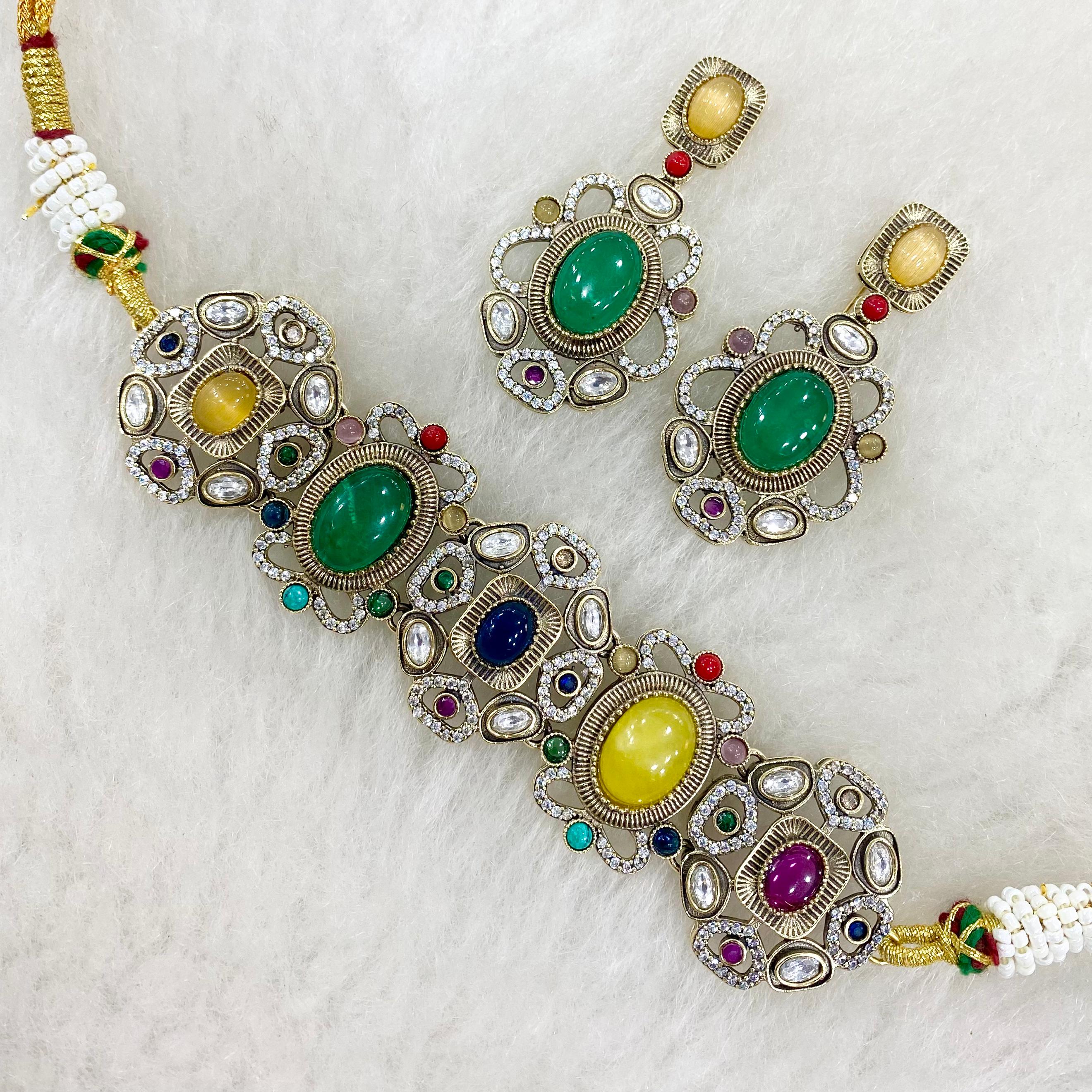 Nayab Regal Sabya Inspired choker set- Yellow Green Multi