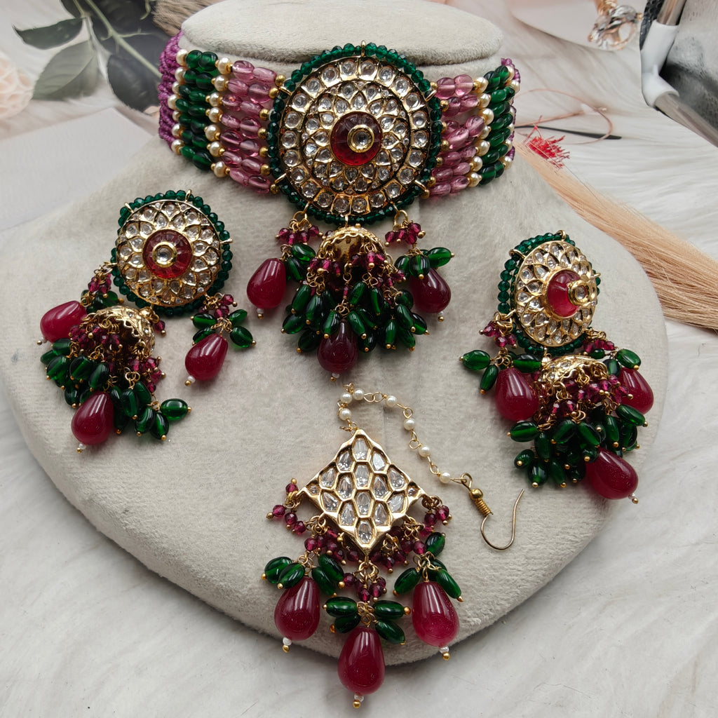 Maharani Jadau Polki Choker Set with Mangtikka - Ruby n Green