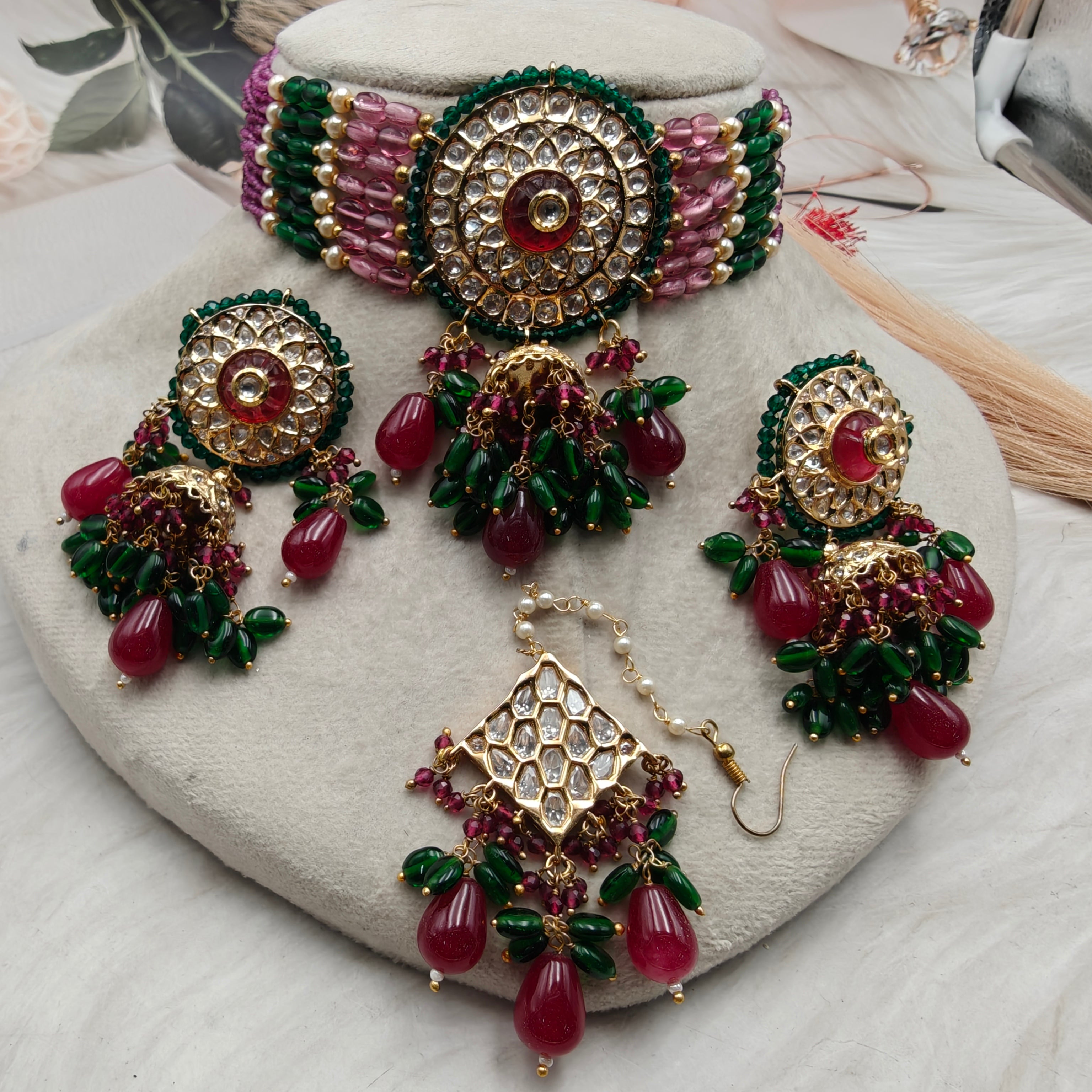 Maharani Jadau Polki Choker Set with Mangtikka - Ruby n Green