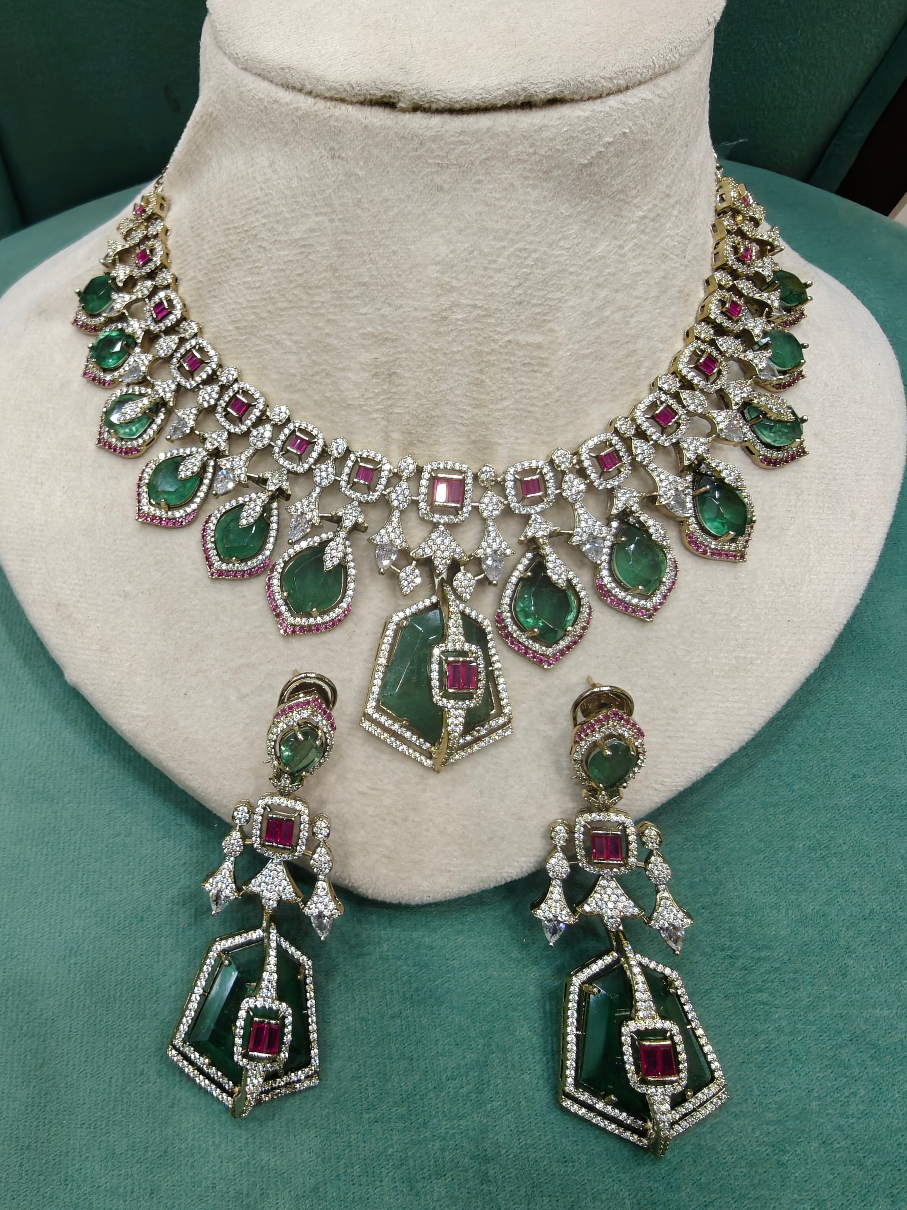 Tirthi Doublet and CZ Statement Necklace Set- Mint Ruby