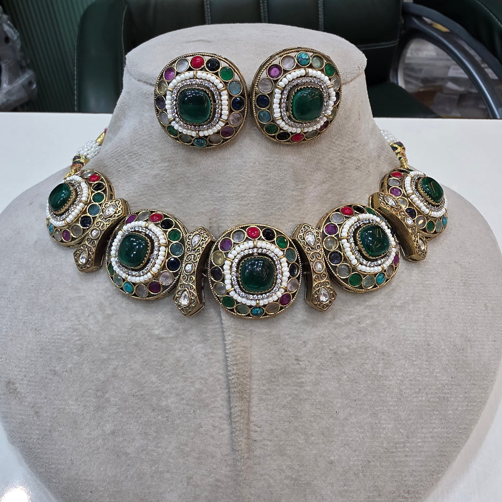 Anaysha Navratan choker Necklace Set- Green Multi