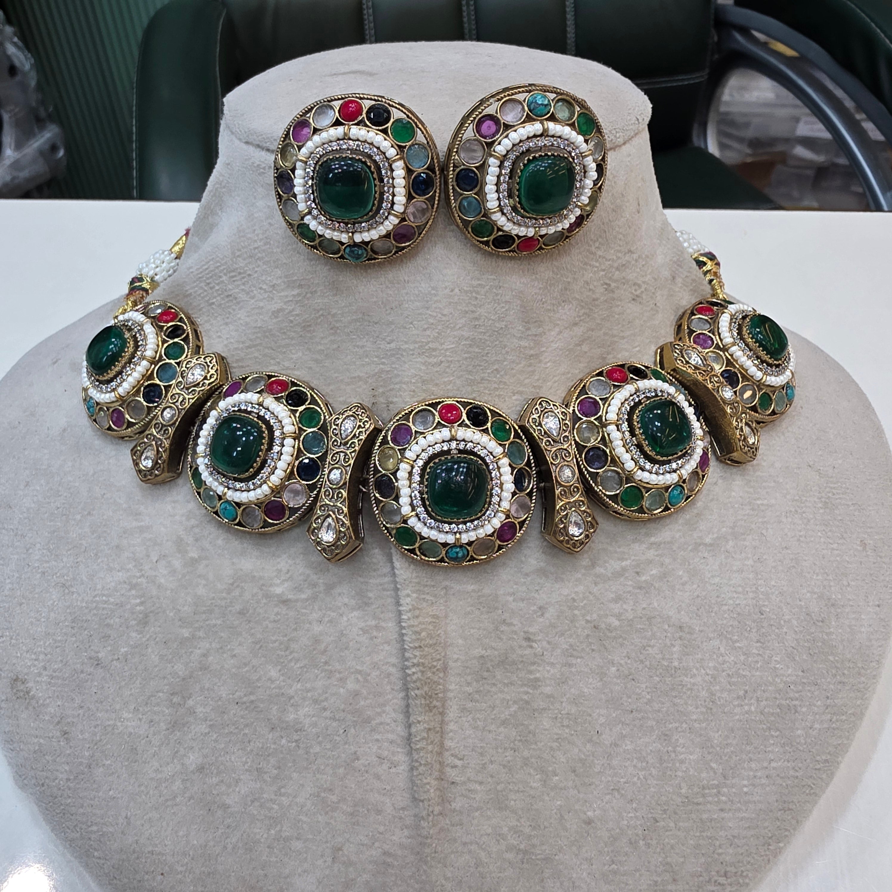 Anaysha Navratan choker Necklace Set- Green Multi