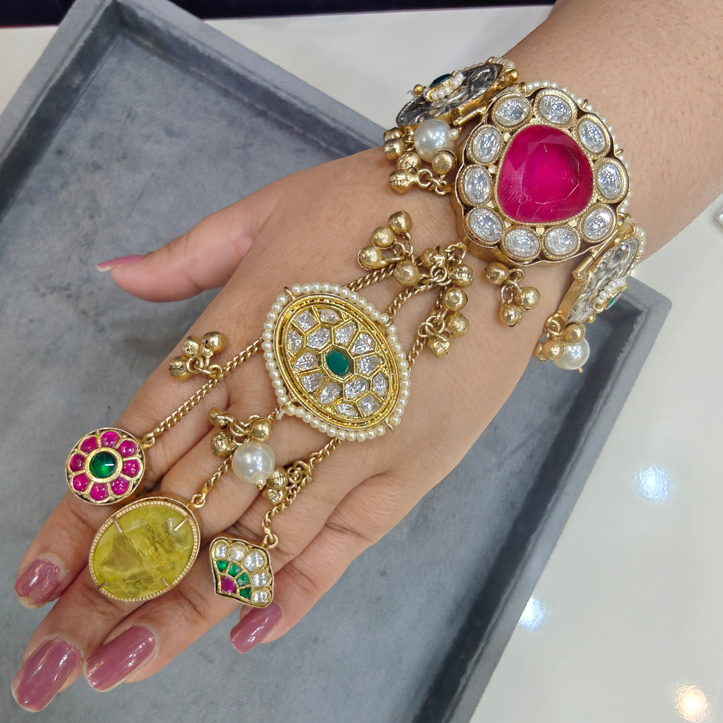 Shaheen Handcrafted Brass Fusion Hathphool- Hot Pink and Yellow