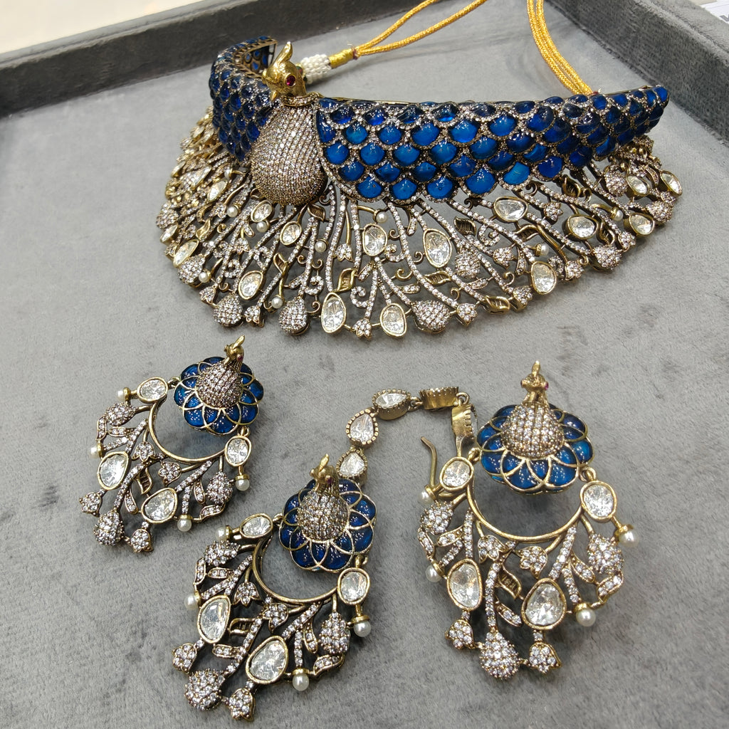Royal 3D Mayura Epoxy Statement Earrings with Mangtikka- Blue
