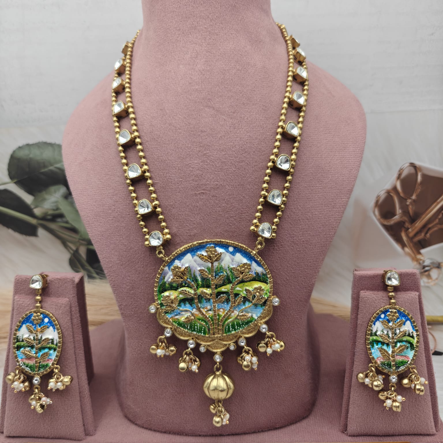 Tanjore Handcrafted Brass Fusion Amrapali Necklace Set - Multi 3